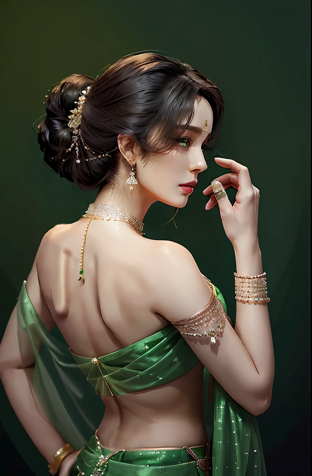 One women in green saree posing for a photo, showing her shoulder from back, elegant profile pose, looking her shoulder, profile pose, doing an elegant pose, side pose, back pose, actress, from the back, stunning elegant pose, posed in profile, side profile shot,  profile posing, stylish pose, glamorous pose, side - view sexy figure