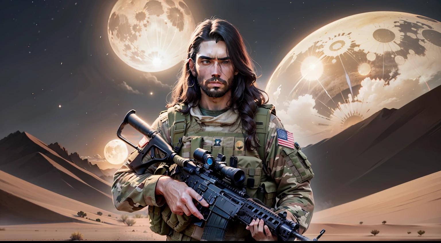 jesus christ as a future soldier with an assault rifle with red dot scope and the face and hair are visible in a desert with the sun setting... and 3 moons in the sky of different colors
