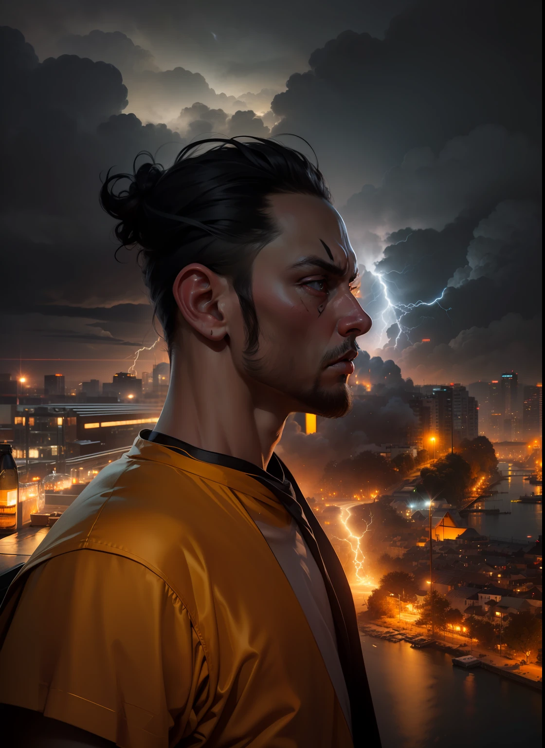 (sharp focus:1.2), an award winning photo of an man monk Orange, black outside, lightning back lighting, anger, extremely detailed skin, hopelessness ,cloudy eyes, (deep shadows:1.1), high contrast, beautiful eyes, absurdres, 8k, (high quality:1.3), , artstation hd, concept art, detailed face and body, award-winning photography, (moody lighting:1.2), depth of field, bokeh, 4K, HDR
