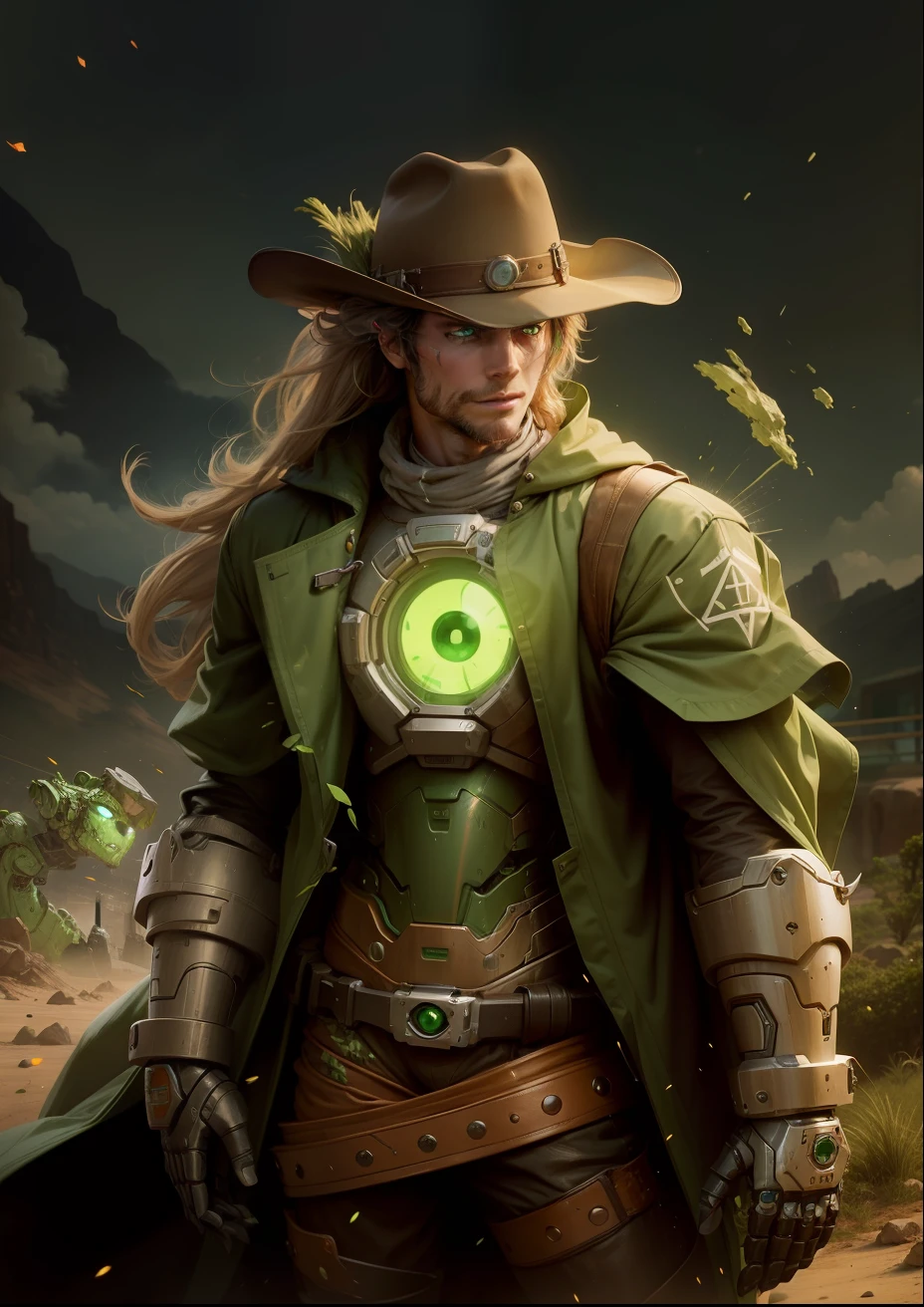A robot cowboy with green eyes