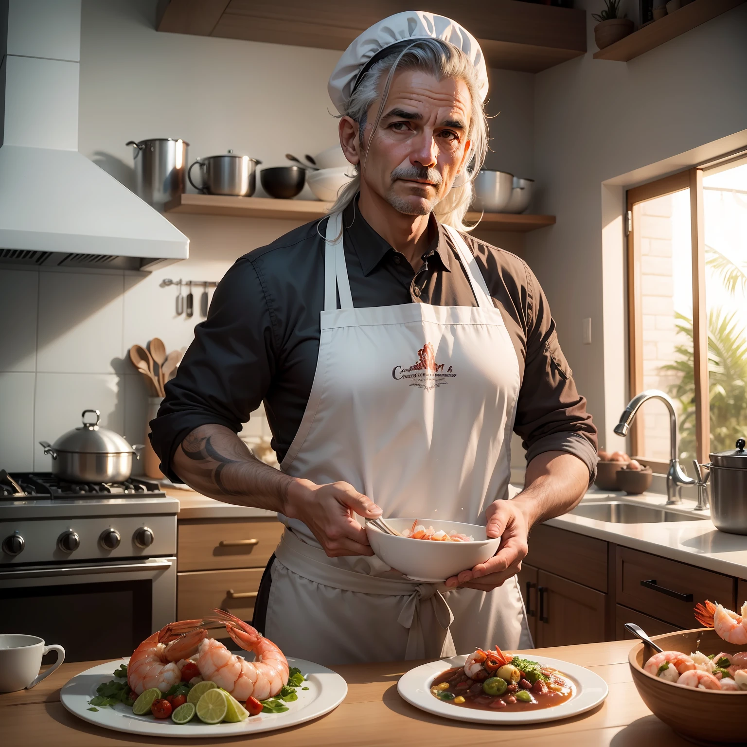 Chefe de cozinha, 40 anos, cabelos castanhos, preparing shrimp dish, obra prima, melhor qualidade, ultra , alta resolução, Realistic photo