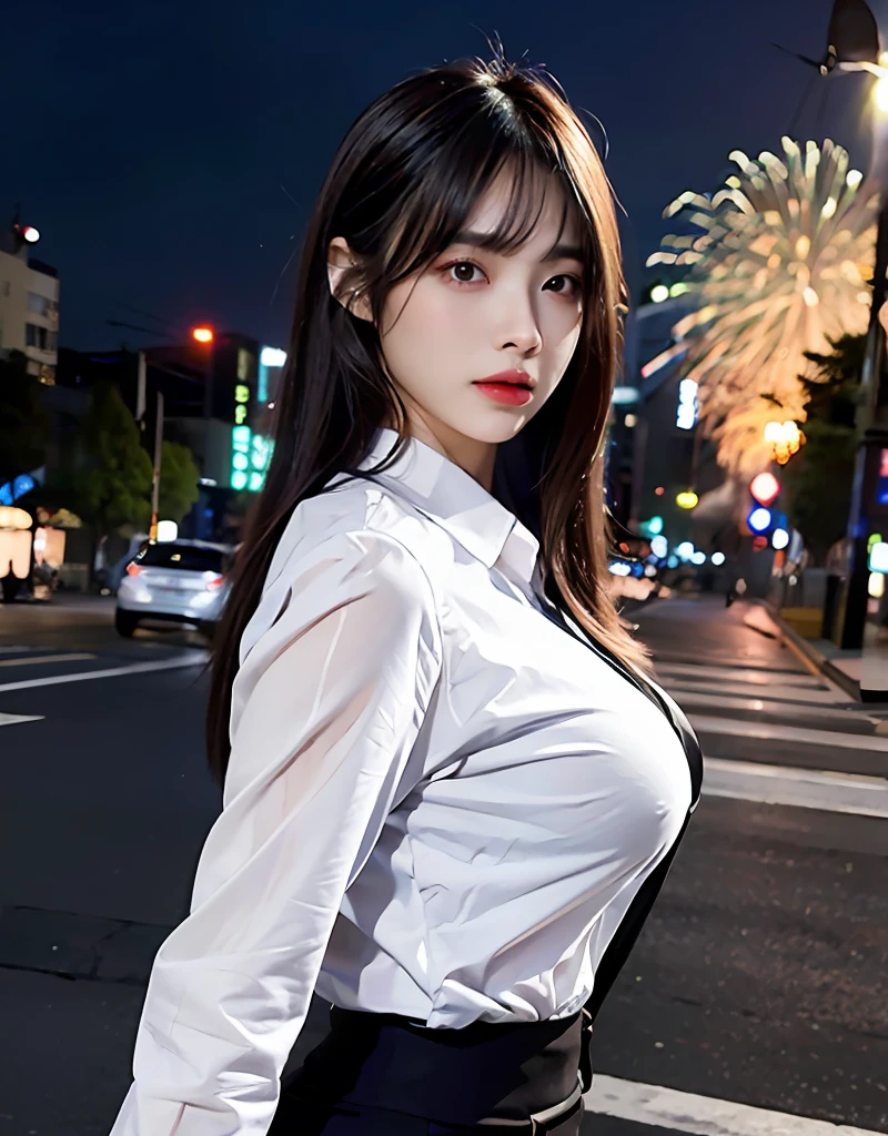 (8K、RAW Photos、top-quality、masterpiece:1.2)、(realisitic、Photorealsitic:1.37)、1人、japanes、32years old、femele、tokyo streets、Background of the fireworks display、natta、profetional lighting、Photon mapping、、Colossal tits、gals、Lots of lashes、Lame on the eyelids、Pitch black lip、、A slender、crotch open、Big will stick out of your white shirt、Wearing a white tight shirt、Wearing a tight black pantsuit