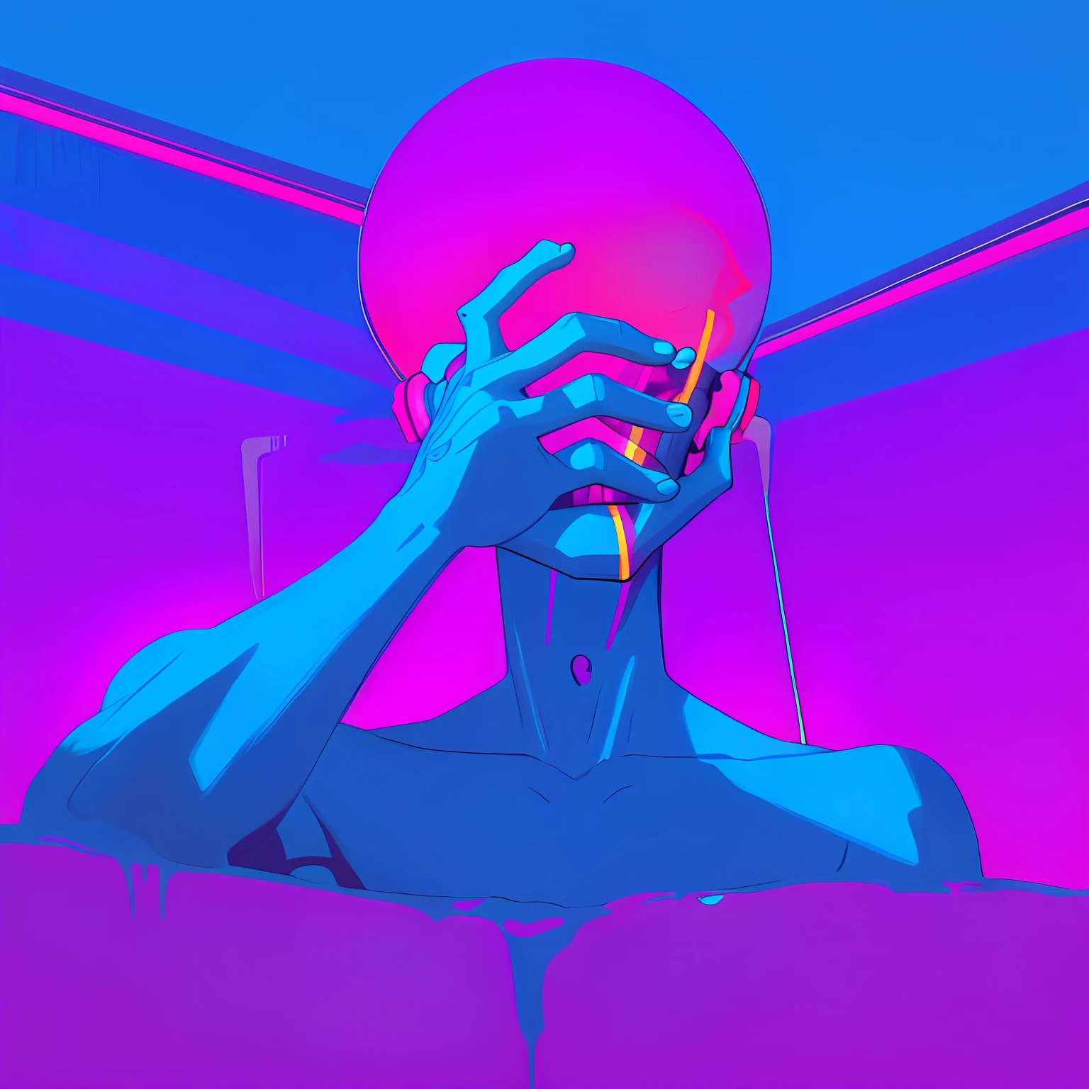 painting of a man with a tattoo on his arm and wrist, hand instead of a face, hands retouched, nft portrait, coherent hands, inspired by David Wojnarowicz, inspired by Yves Klein, left hand propping up the head, matt mute colour background, hands up, ( ( ( synthwave ) ) ), posterized color, hands in the air