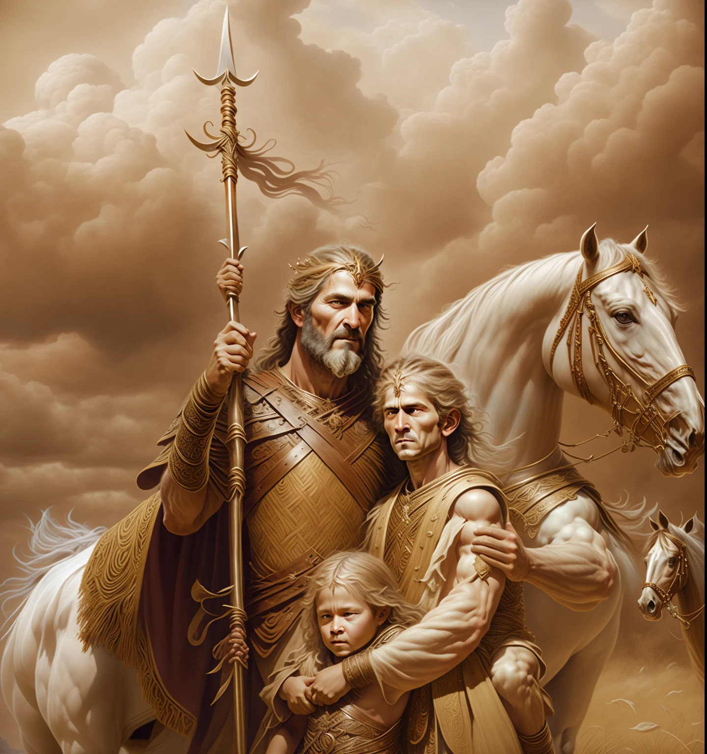pintura de um homem, a woman and a child, The man holds a spear with one hand and embraces the woman with the other, The woman hugs the child, behind it has a horse, Bragi, nordic mythology, а fantasy proto-norse mythology, Directed by: Tibor Rényi, Directed by: Sasha Putrya, Grande Rei de Stovokor, Directed by: Roman Bezpalkiv, Directed by: Eugeniusz Zak, Directed by: Andrew Wroblewski, PØdegaard and SZago