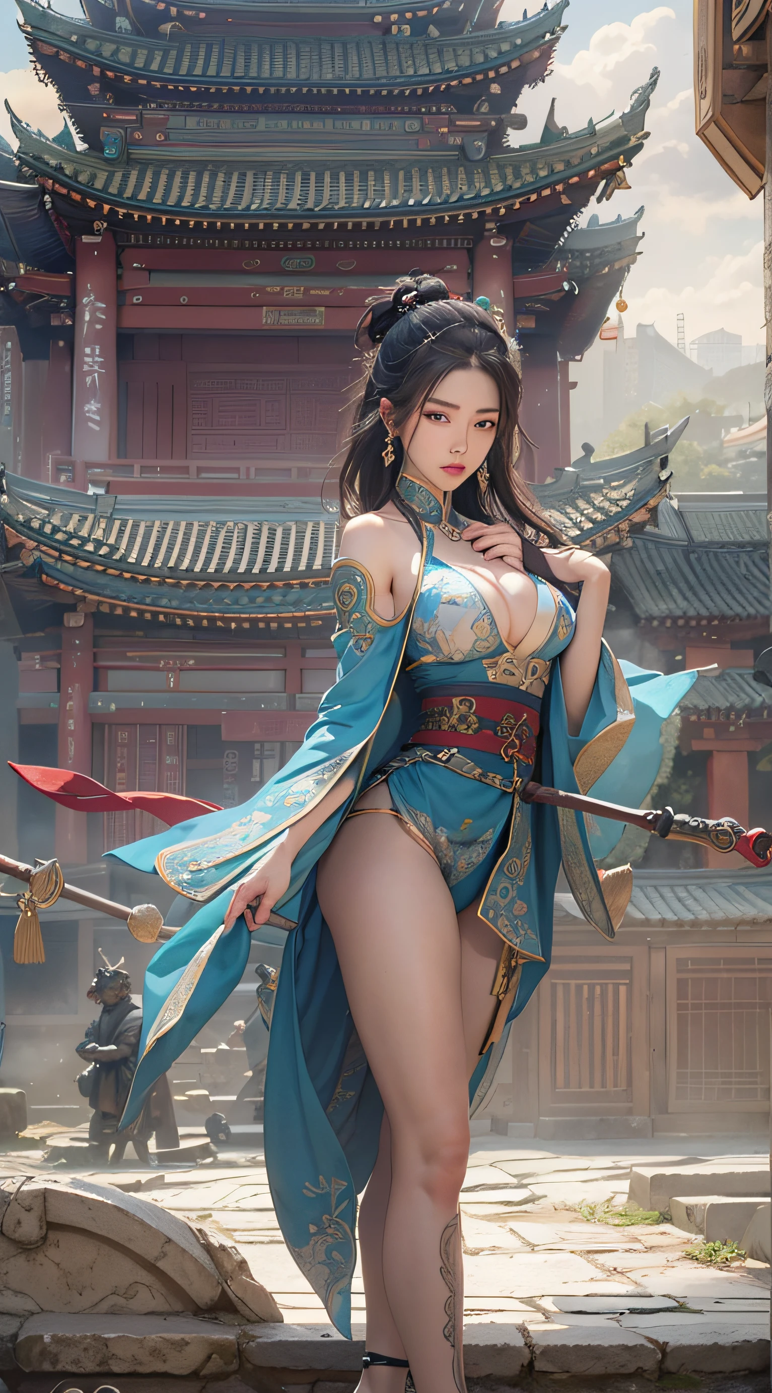 Best quality,masterpiece,ultra high res,(photorealistic:1.4),xiuxian,weapon,Detailed face, 1girl,solo,weapon,cleavage,(magic circle:1.2),xiuxian,upper body,Beautiful girl,full body,huge breasts,east asian architecture,sheath,architecture,