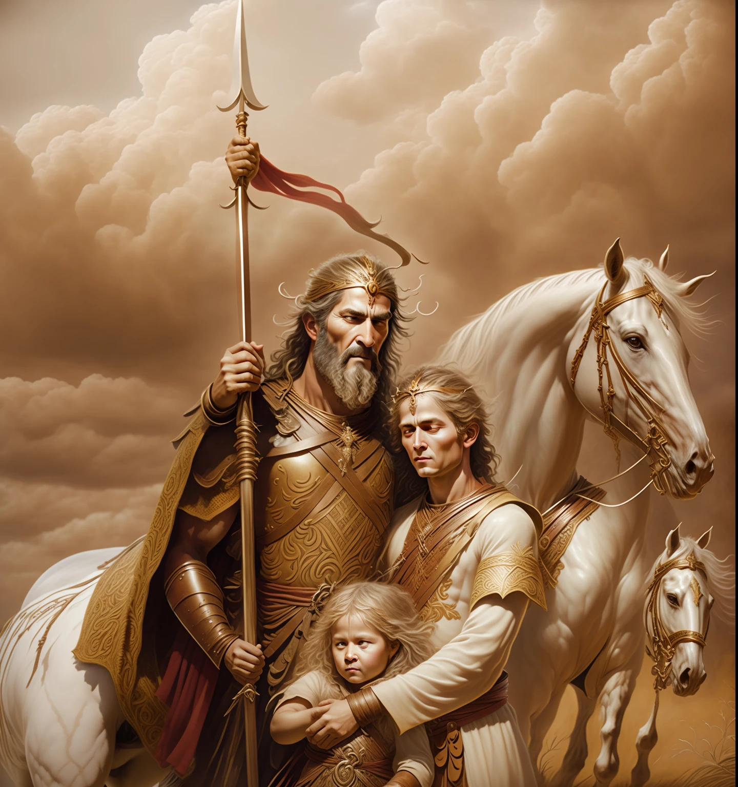 pintura de um homem, a woman and a child, The man holds a spear with one hand and embraces the woman with the other, The woman hugs the child, behind it has a horse, Bragi, nordic mythology, а fantasy proto-norse mythology, Directed by: Tibor Rényi, Directed by: Sasha Putrya, Grande Rei de Stovokor, Directed by: Roman Bezpalkiv, Directed by: Eugeniusz Zak, Directed by: Andrew Wroblewski, PØdegaard and SZago