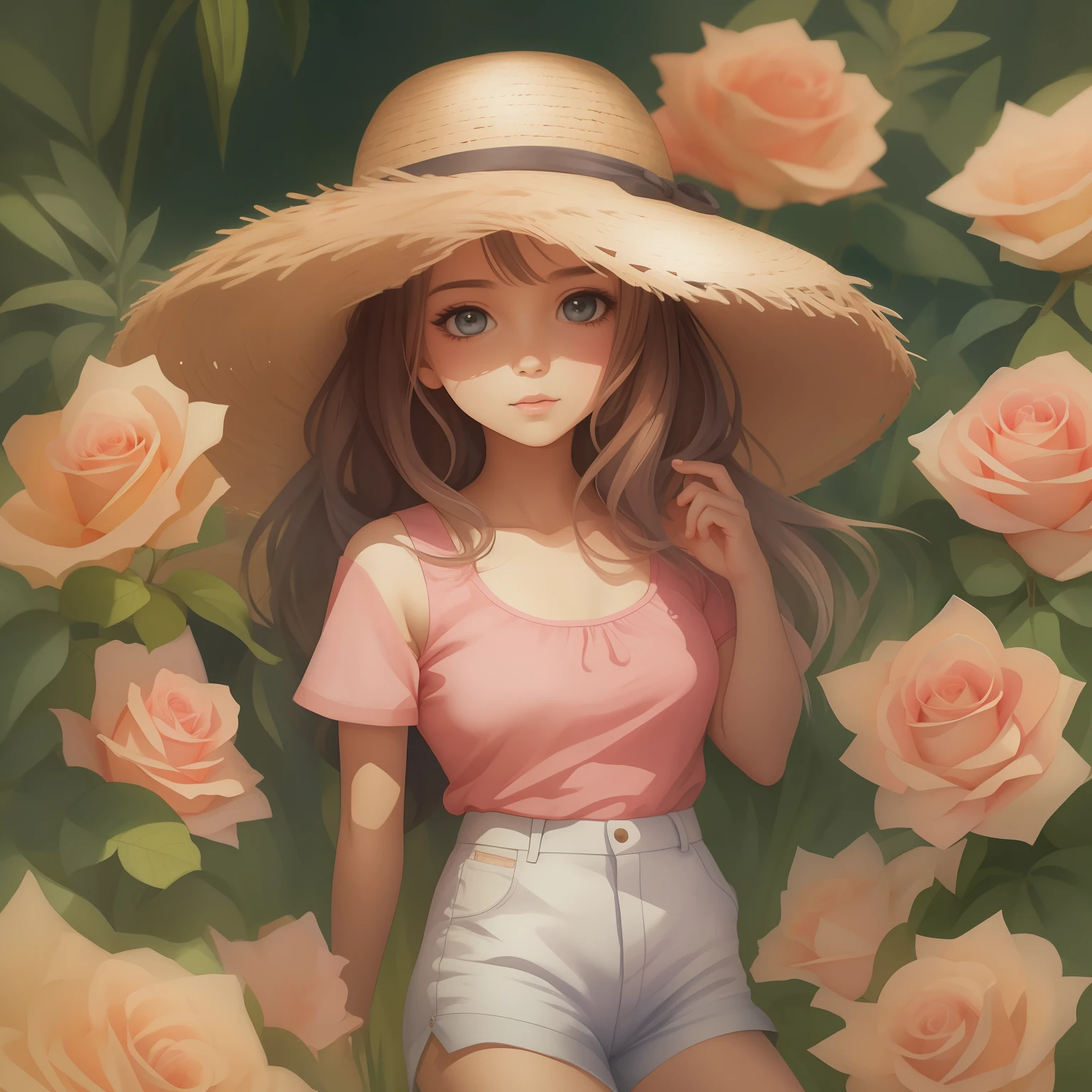 uma garota com top rosa e shorts pretos posando para uma foto, com panos amarelos, with straw hat, Anime Tailandesa,quente com sol brilhante, Roupas rosas, anime. soft lighting, trending on artstration, pintura realista da meninao, Belo estilo de arte, watercolor illustration style, Retrato bonito, pintura de personagem bonita, kawaii retrato realista
