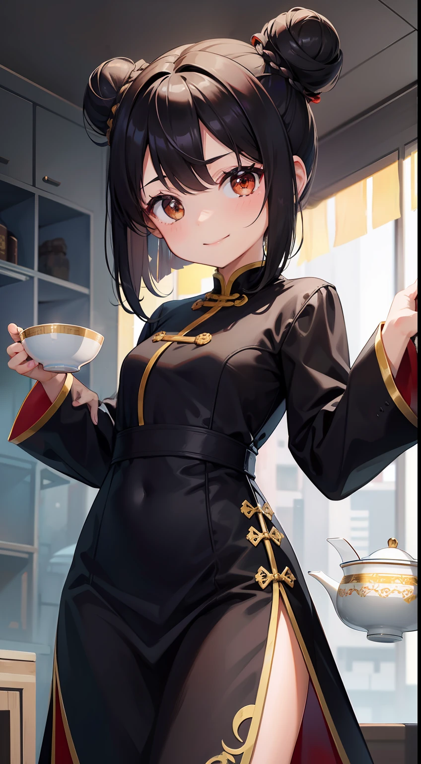 small girl, black hair in two buns, Brown eyes, Chinese dress, tea, symbiote, Smile, Masterpiece, hiquality