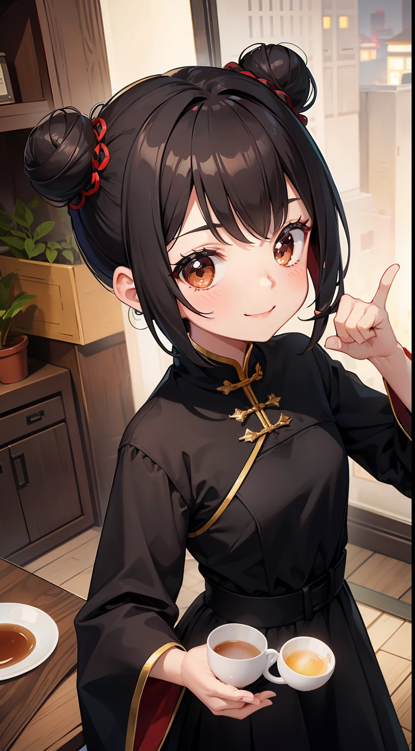 small girl, black hair in two buns, Brown eyes, Chinese dress, tea, symbiote, Smile, Masterpiece, hiquality