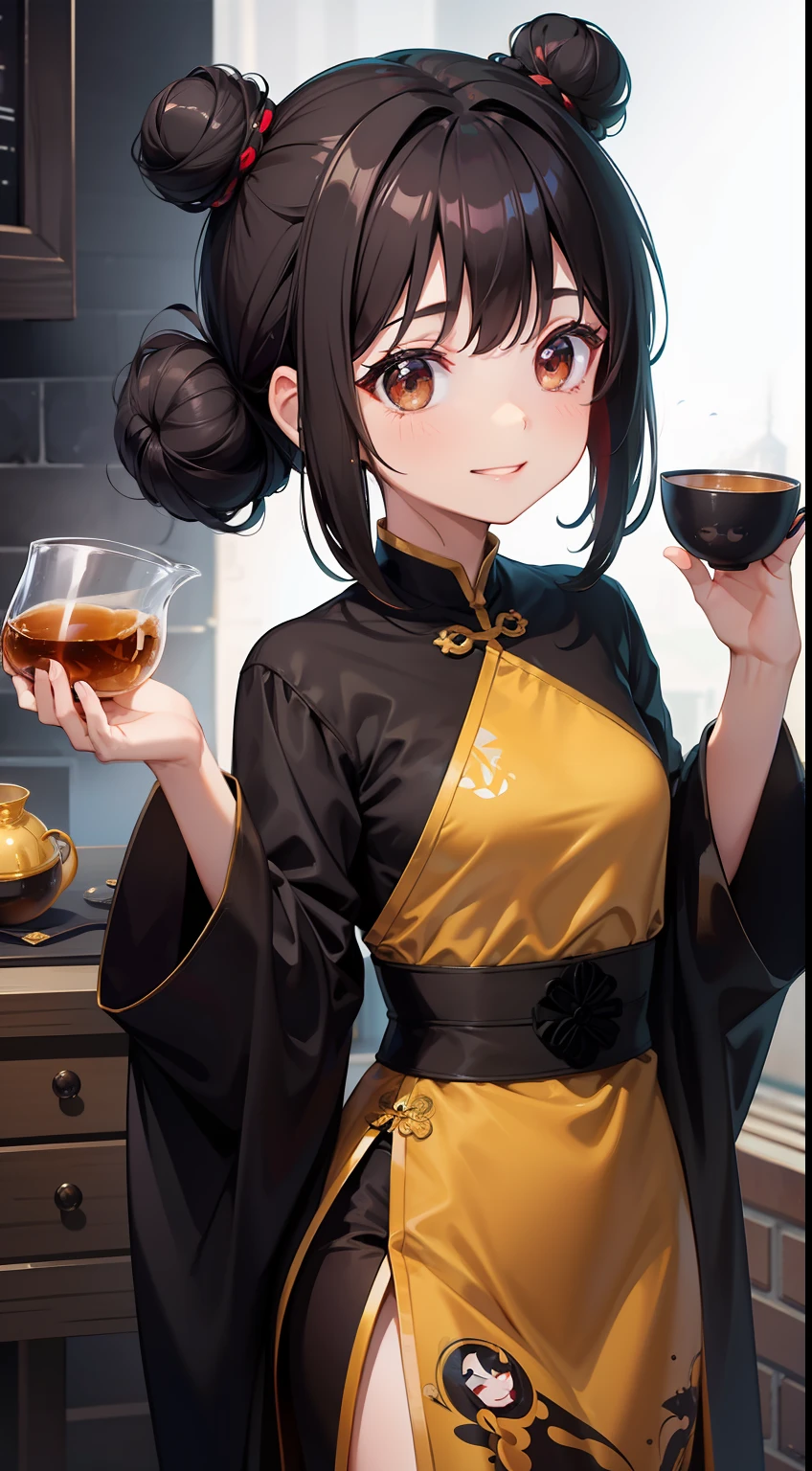 small girl, black hair in two buns, Brown eyes, Chinese dress, tea, symbiote, Smile, Masterpiece, hiquality