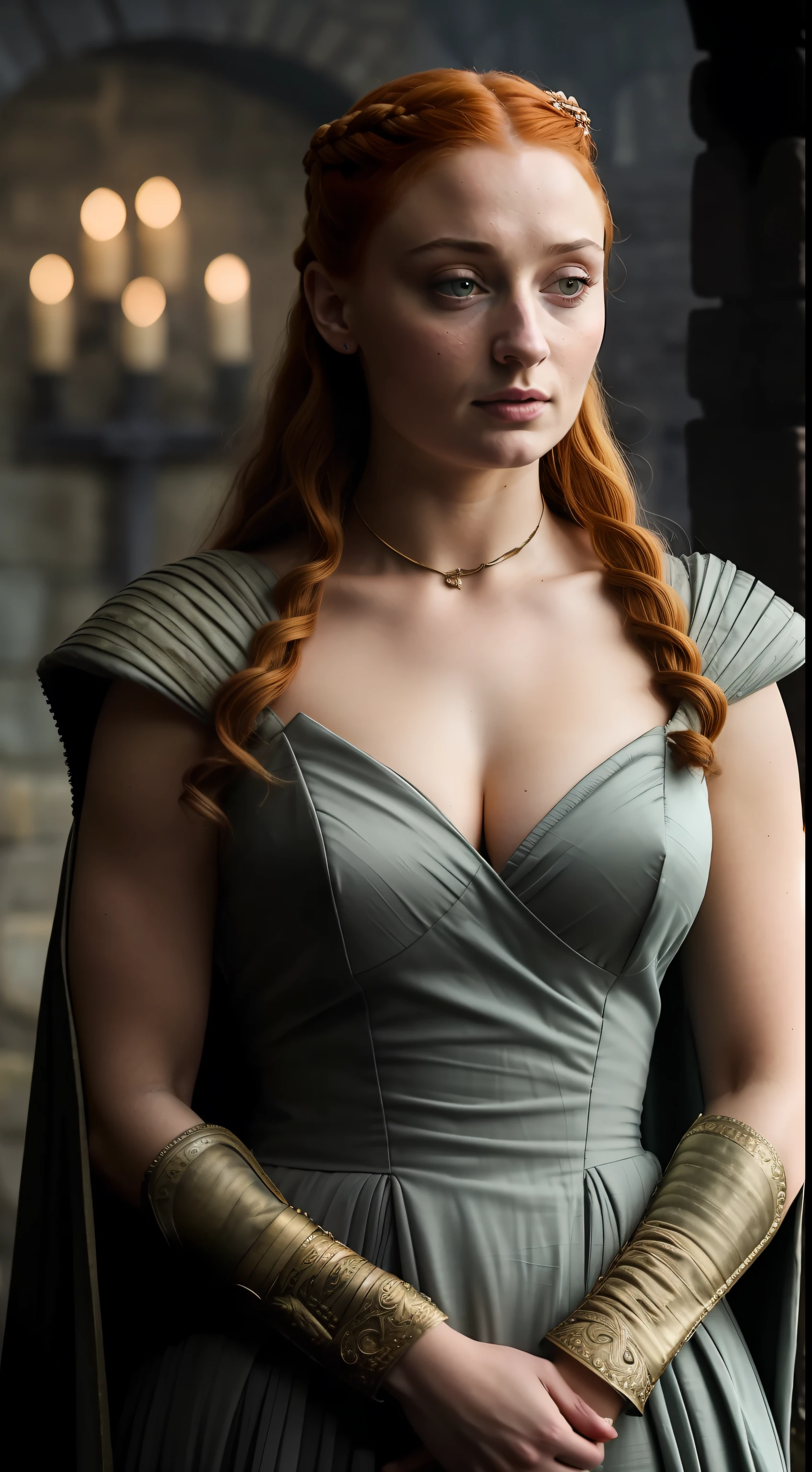 Masterpiece,De facto Lady of the Eyrie, queen of the north,Best quality, big breast, Mediaeval sexy costumes, game of the thrones like costume, a close up of a woman of mediaeval times, sansa stark, sansa, looks like sophie turner, sophie turner, scene from game of thrones, deep cleavage, warrior princess, healthy body, perfect thick body, attractive figure, fleshy body, style of game of thrones,gorgeous lady,gorgeous woman, stunning woman, still from game of thrones, game of thrones style, 8k, insane details, dress made of clothes and jewelry, round shaped face,