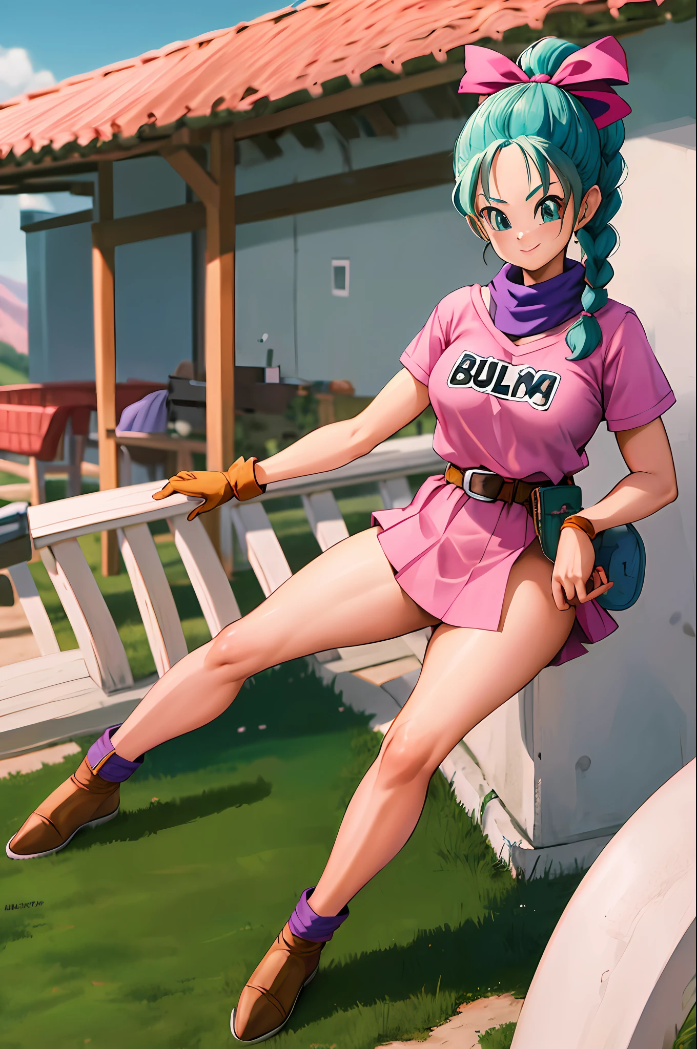 obra maestra, mejor calidad, highres, Dragon Ball, blmpony, Aqua Hair, Hair Ribbon, Braided Ponytail, Pink Shirt, Belt, Scarf, Pink Skirt, Clothes Writing, Brown Gloves, Medium Breasts, Outdoors, Cowboy Shot, Agitando, Smile, ((no panties)), ((show legs)), sexy legs, full body