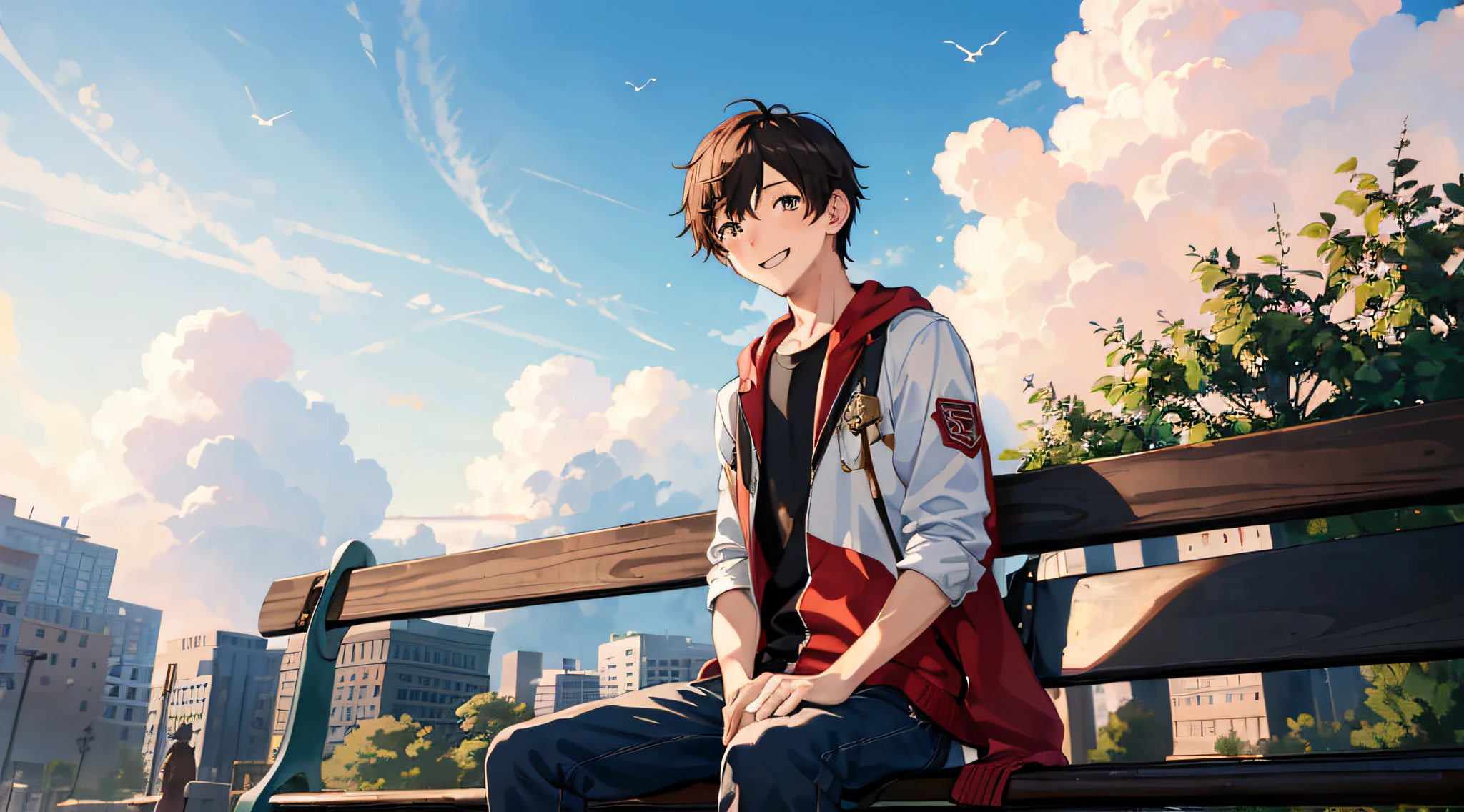 (masterpiece:1.3), best quality, official art, 1boy, (cute:1.3), sitting on a park bench, smiling, blushing, (bright), (:D:0.6), sun light, cumulonimbus clouds, birds