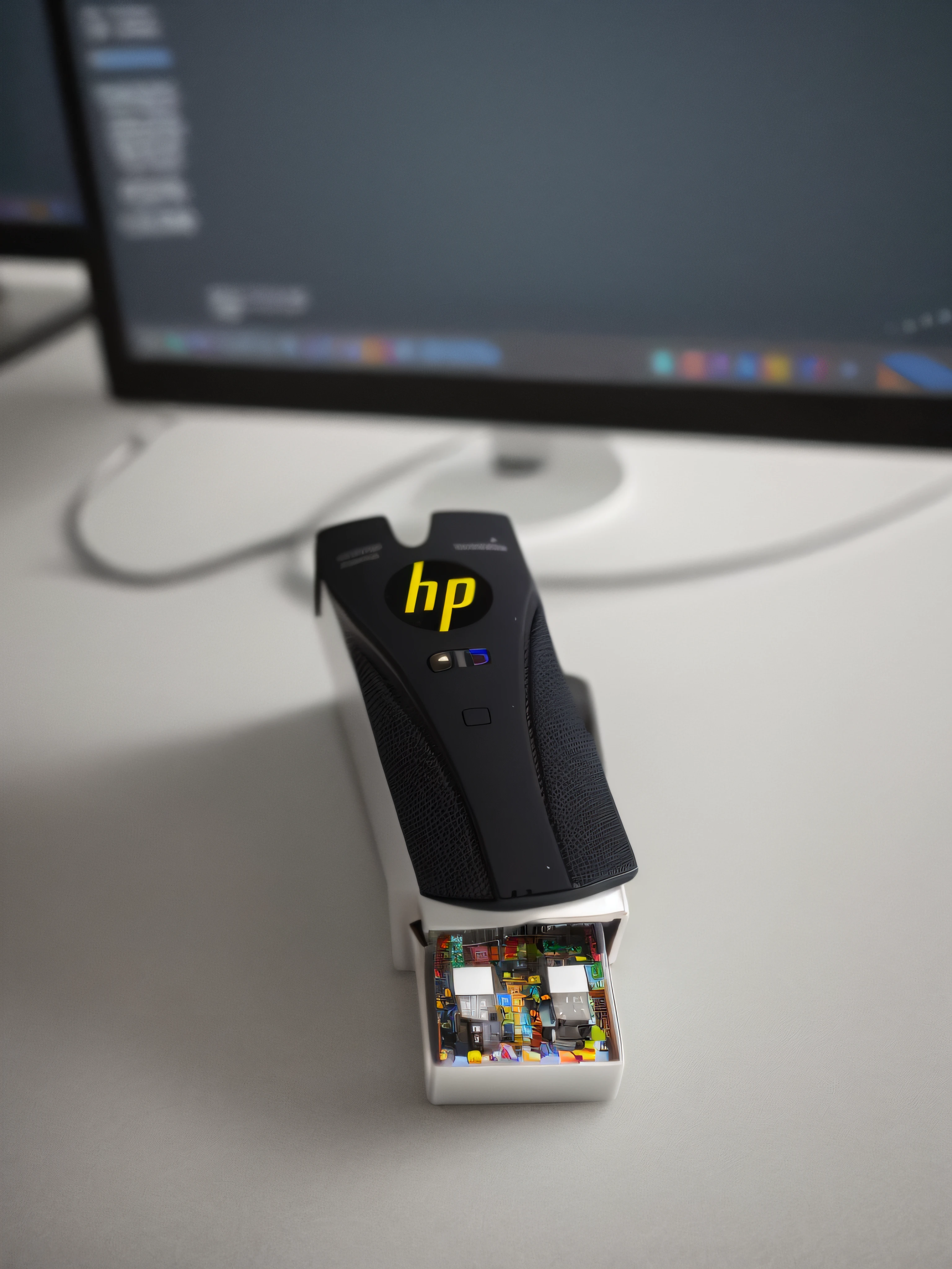 A flash drive rests on a white porcelain table in a computer room. The frame is clear (sharp: 0.7) and displays a colorful explosion of psychedelic paints (cores: 1.21), with incredible detail. on the table, Accessories include the Nikon D850 with Kodak Portra 400 photographic film and f1.6 lenses, ensuring rich colors and realistic texture. The lighting is dramatic, and all around you is your computer, keyboard, and USB cable.