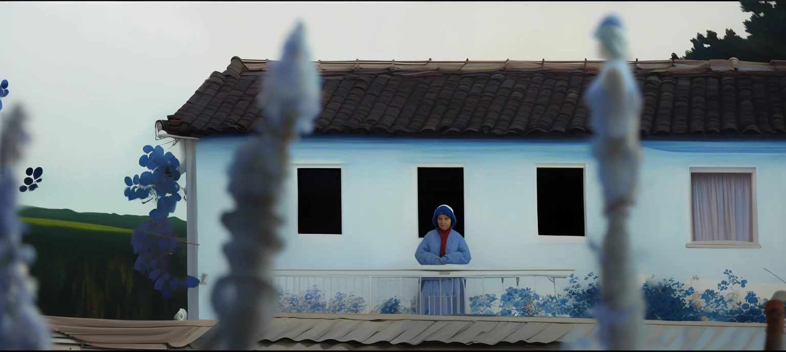 There is a woman, idosa, de dentro da casa, Standing in a window of a blue house. pintura estilo impressionista