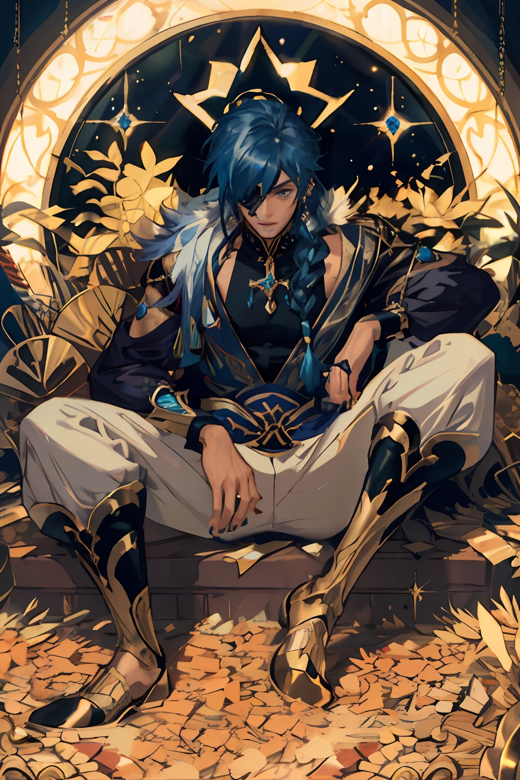 kaeya, 1male, solo man, handsome young man, blue hair, braid, eyepatch, black and blue clothes, peacock accessories, golden jewelry, cinematic lighting, stained glass, gold glitter sparkles backgound, magic shine and glow, fullbody, sitting on a huge pile of gold and gems and treasures