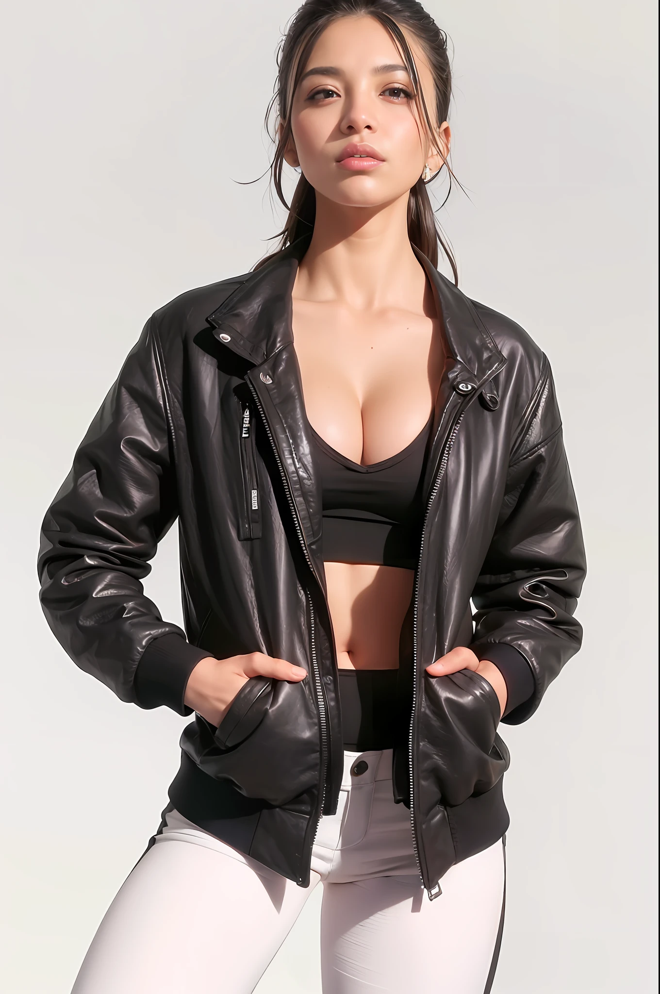 a gorgeous woman in black jacket and white pants posing for a Photo, jaqueta bomber preta, jaqueta bomber, jaqueta sobre tronco nu, Black jacket, roupas esportivas, suit jacket, roupas esportivas, jaqueta esportiva, vestindo uma jaqueta bomber, encapuzado, F / 2 2, F/22, jaqueta aberta, vestindo uma jaqueta preta extravagante, F / 2 0, F22