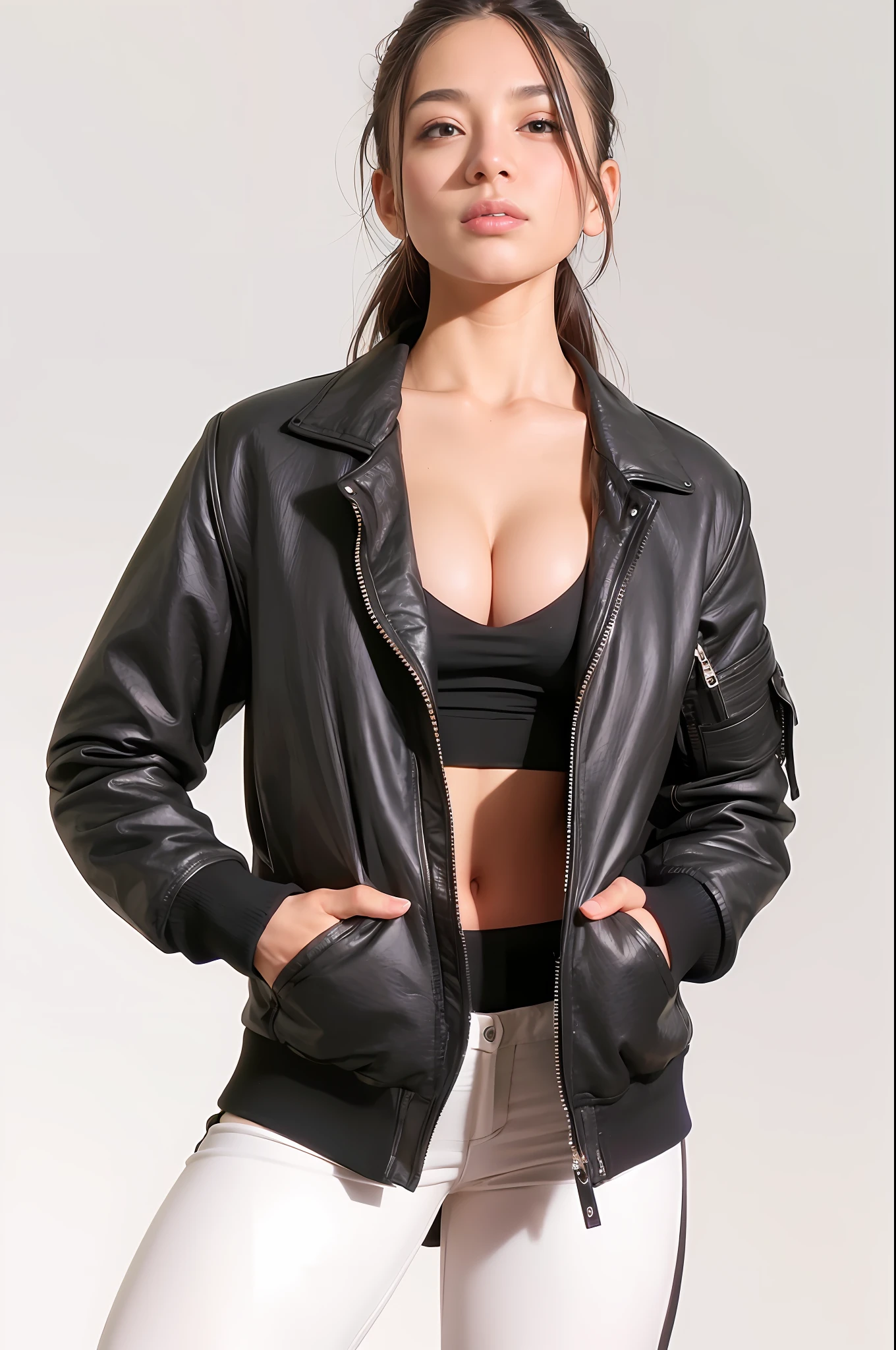 a gorgeous woman in black jacket and white pants posing for a Photo, jaqueta bomber preta, jaqueta bomber, jaqueta sobre tronco nu, Black jacket, roupas esportivas, suit jacket, roupas esportivas, jaqueta esportiva, vestindo uma jaqueta bomber, encapuzado, F / 2 2, F/22, jaqueta aberta, vestindo uma jaqueta preta extravagante, F / 2 0, F22