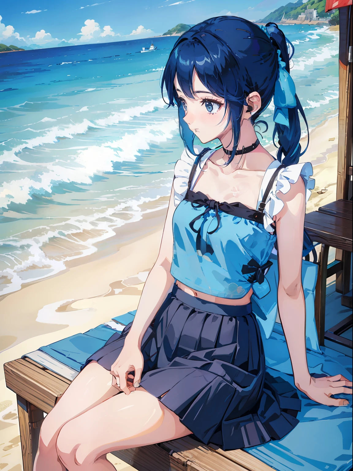 blue-sky,beachside,The girl's side face is at a 45-degree angle,The skirt flutters,Japanese film style,character photography,HighestQuali