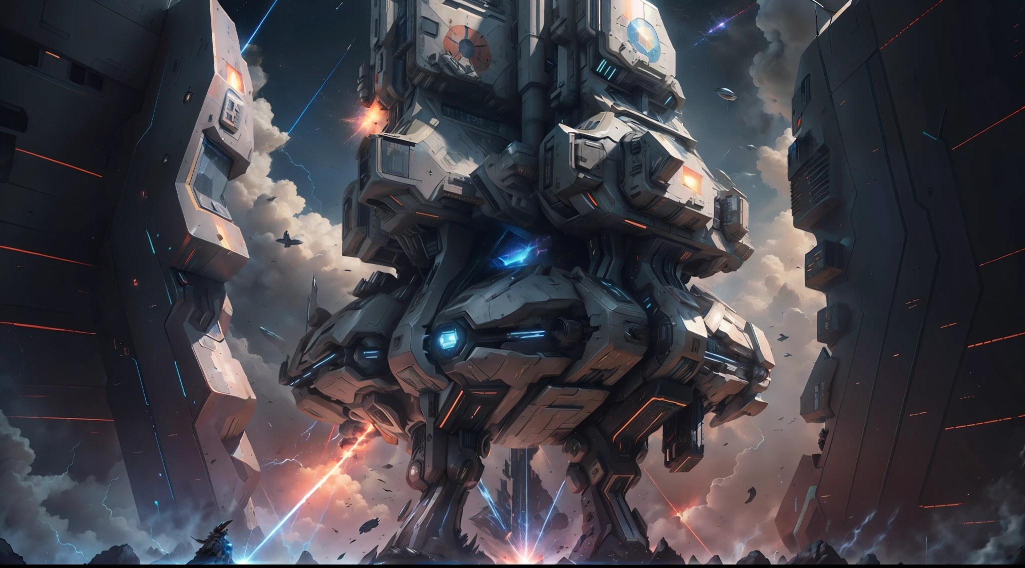 Una batalla entre dos naves espaciales, with explosions and laser beams.