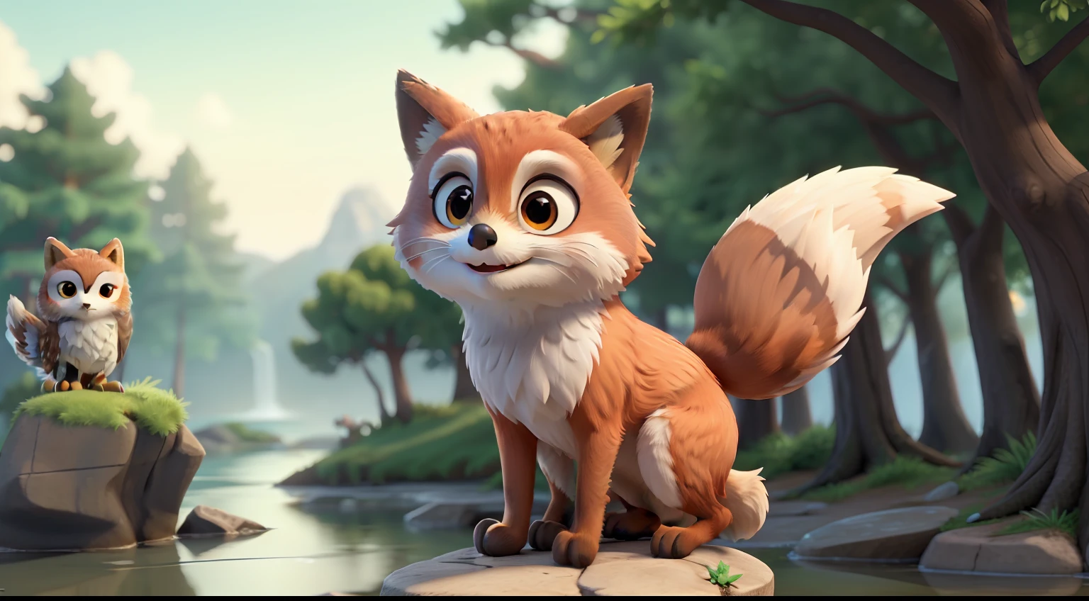 young fox practicing jumping on rocks and in the background an owl jumping in a tree" ((Best Quality)), ((Masterpiece)), (Detailed: 1.4), 3D