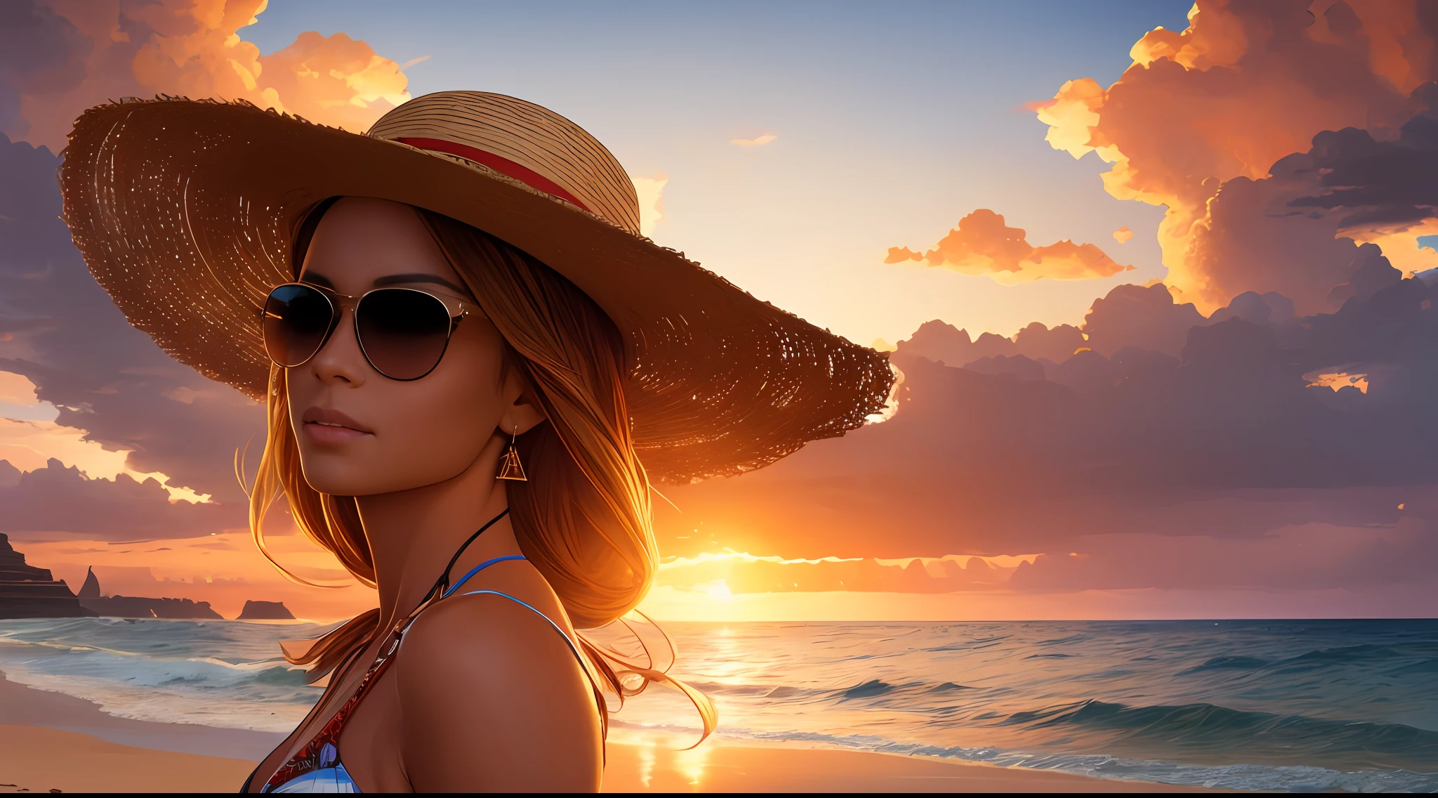 Spectacular photo of a sunset on the beach where a beautiful woman wearing sunglasses, straw hat and swimsuit enjoys the moment. surreal, beautiful face,intricate, hyperdetailed Settlers paradise , concept art, smooth, sharp focus, illustration, by Alex Horley and greg rutkowski --auto