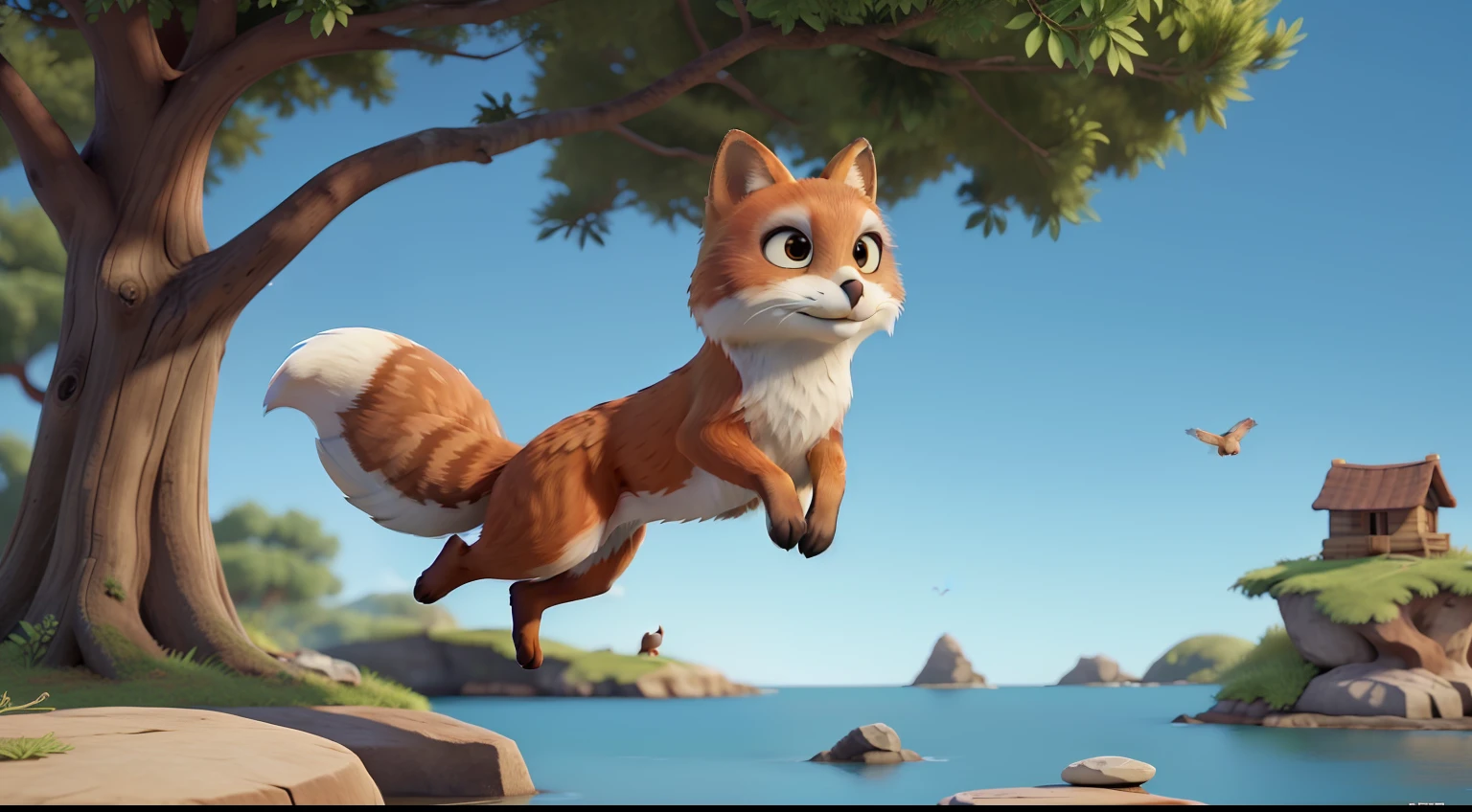 young fox practicing jumping on rocks and in the background an owl jumping in a tree" ((Best Quality)), ((Masterpiece)), (Detailed: 1.4), 3D