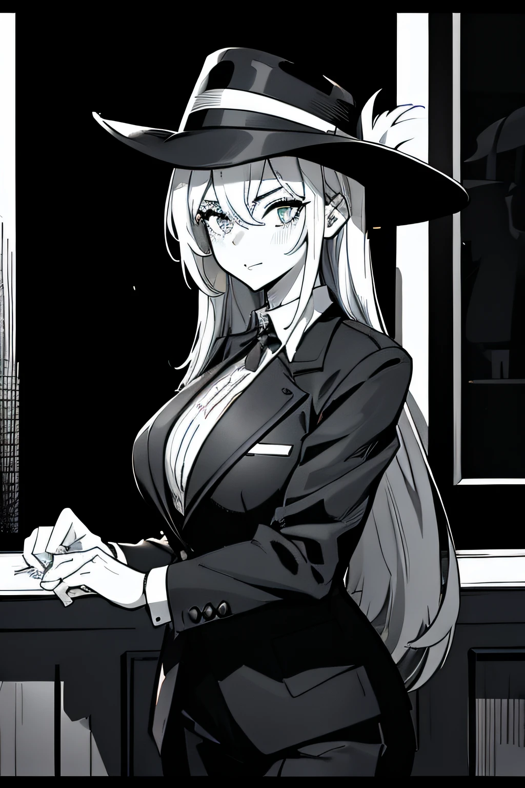 Anime girl in black hat and black suit, flirty anime witch casting magic, marisa kirisame, noir detective and a fedora, from cryptid academia, in a strict suit, in a strict suit, Seductive Anime Girl, anya from spy x family, from girls frontline, black and white manga style, witch academia, Kantai Collection Style