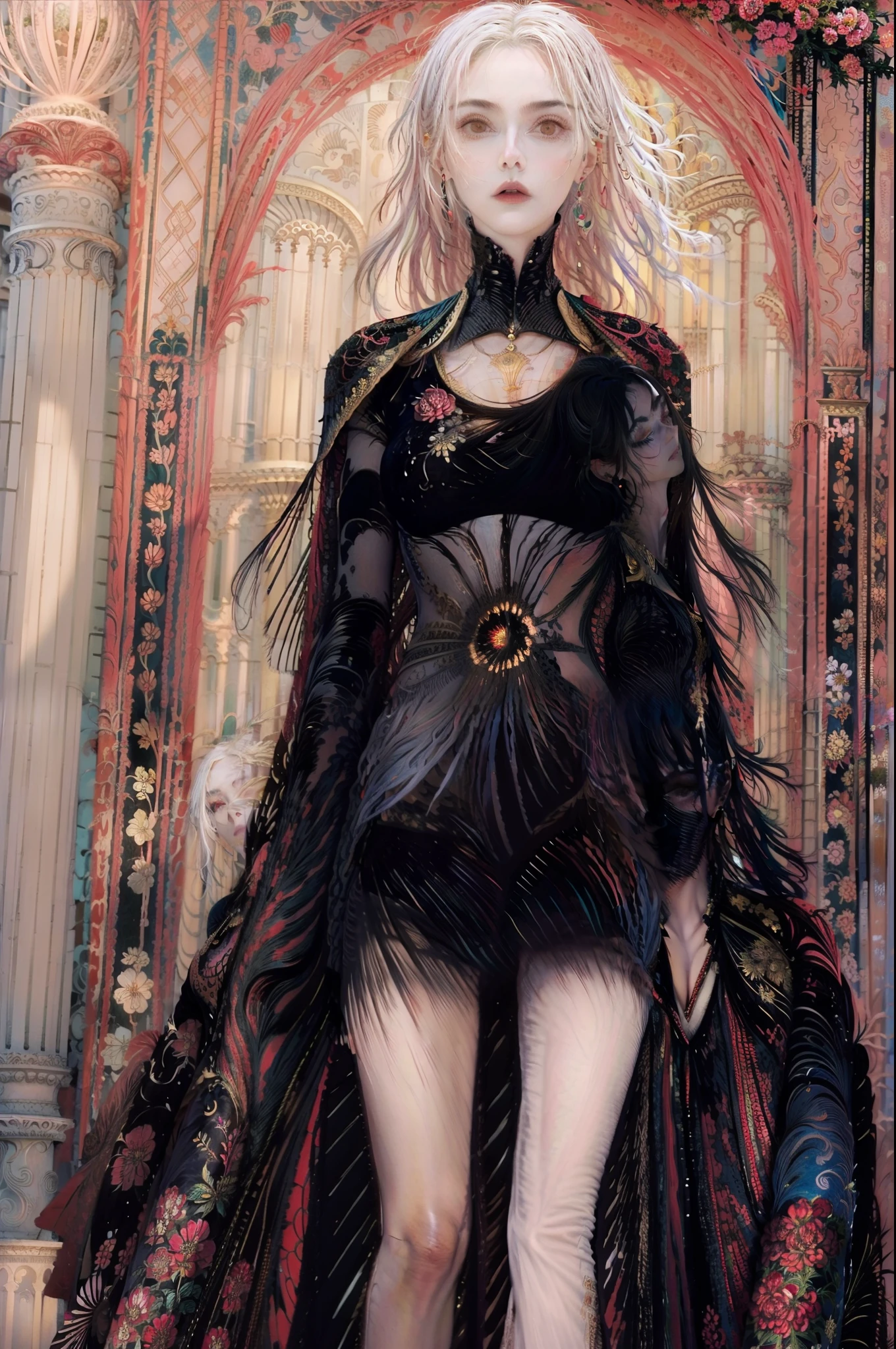 The most beautiful rose bush imaginable and an incredibly elegant young woman, superbly hairstyled, Espectacularmente maquillada y con un vestido deslumbrantemente en colores dorados, negros y grises fabuloso. In a dream garden on a magical night. (obra maestra) (mejor calidad)