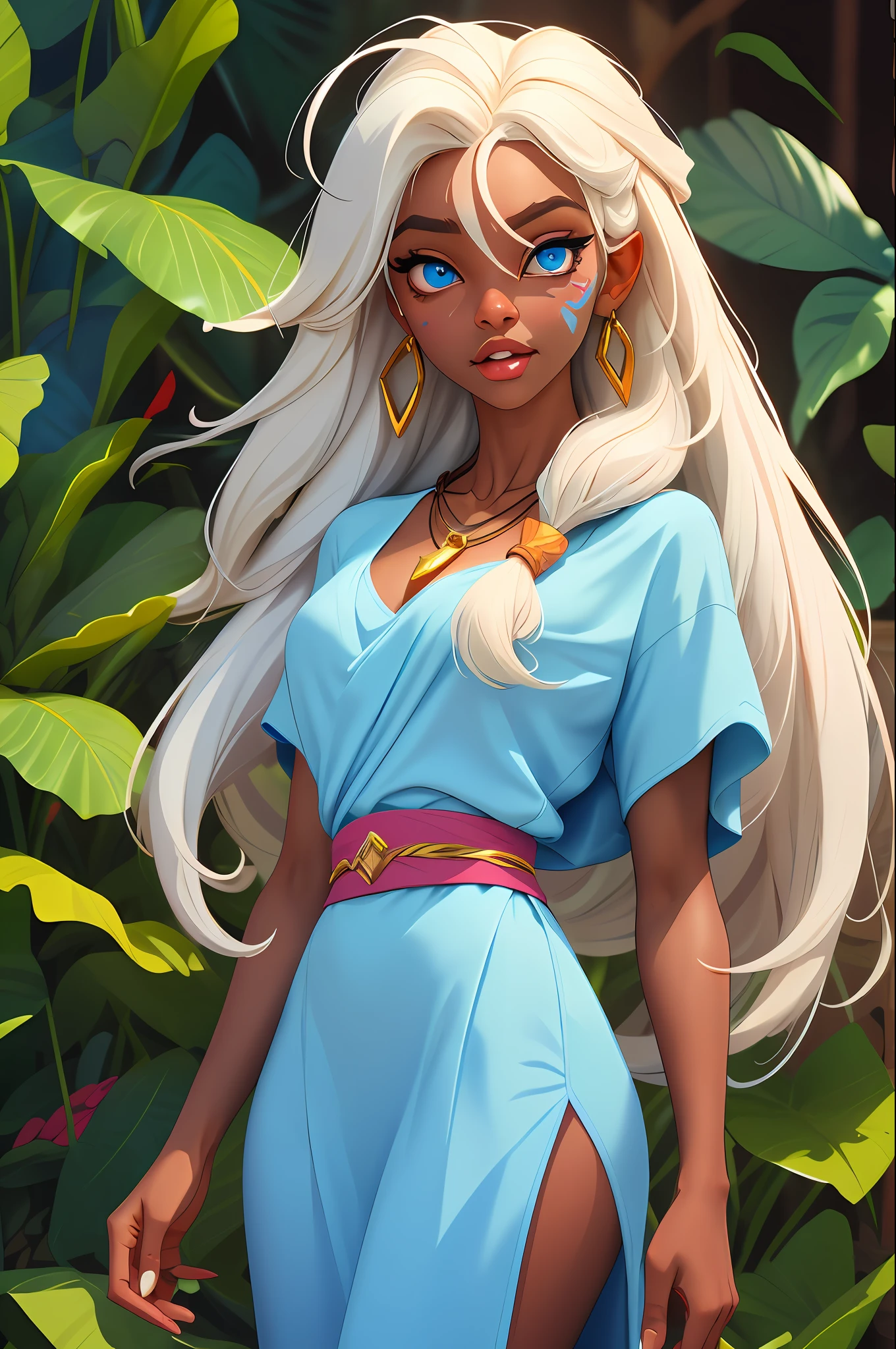 masterpiece, best quality, 1girl, kidagakash, solo, dark-skinned female, dark skin, long hair, white hair, blue eyes, necklace, facial mark, earrings