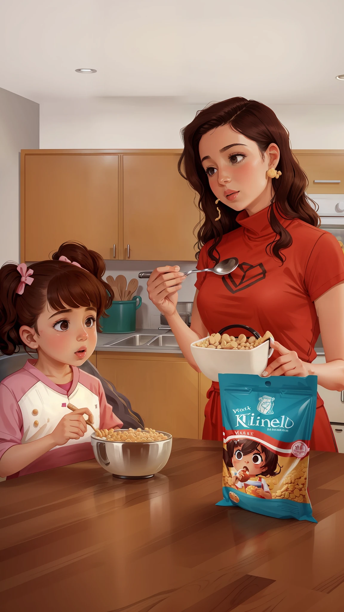 a woman and a eating cereal in a kitchen,