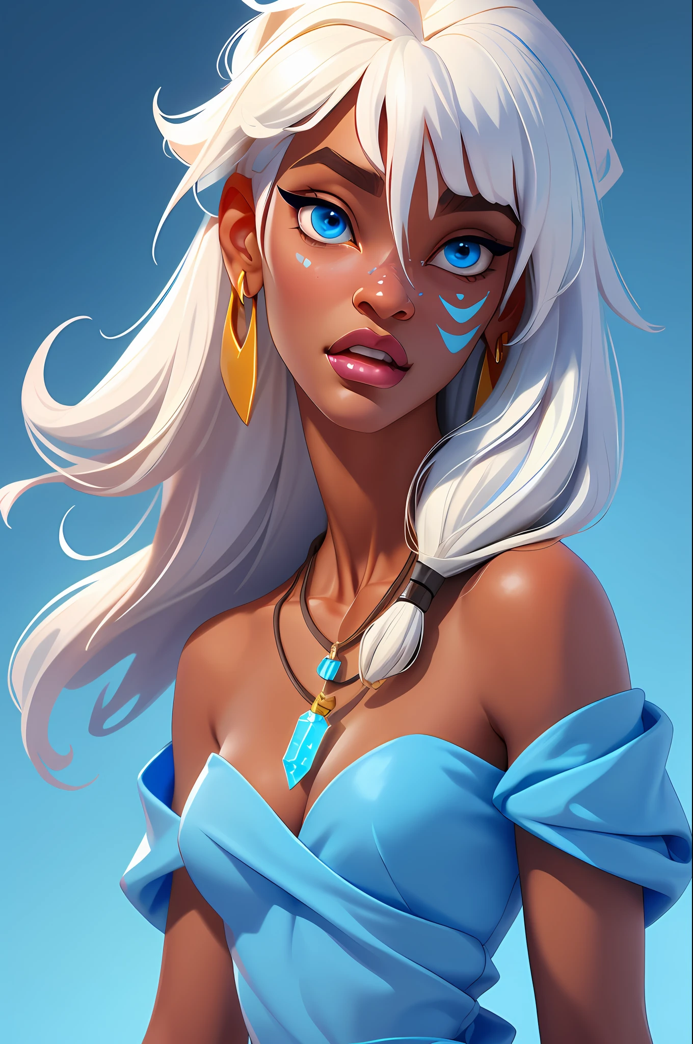 masterpiece, best quality, 1girl, kidagakash, solo, dark-skinned female, dark skin, long hair, white hair, blue eyes, necklace, facial mark, earrings