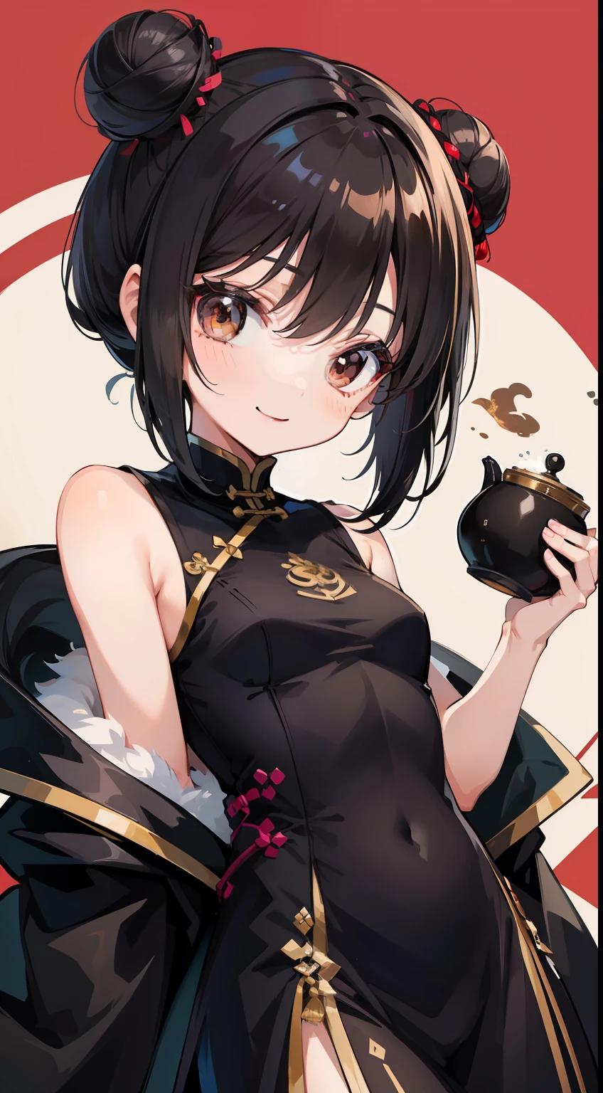 small girl, black hair in two buns, Brown eyes, Chinese dress, tea, symbiote, Smile, Masterpiece, hiquality