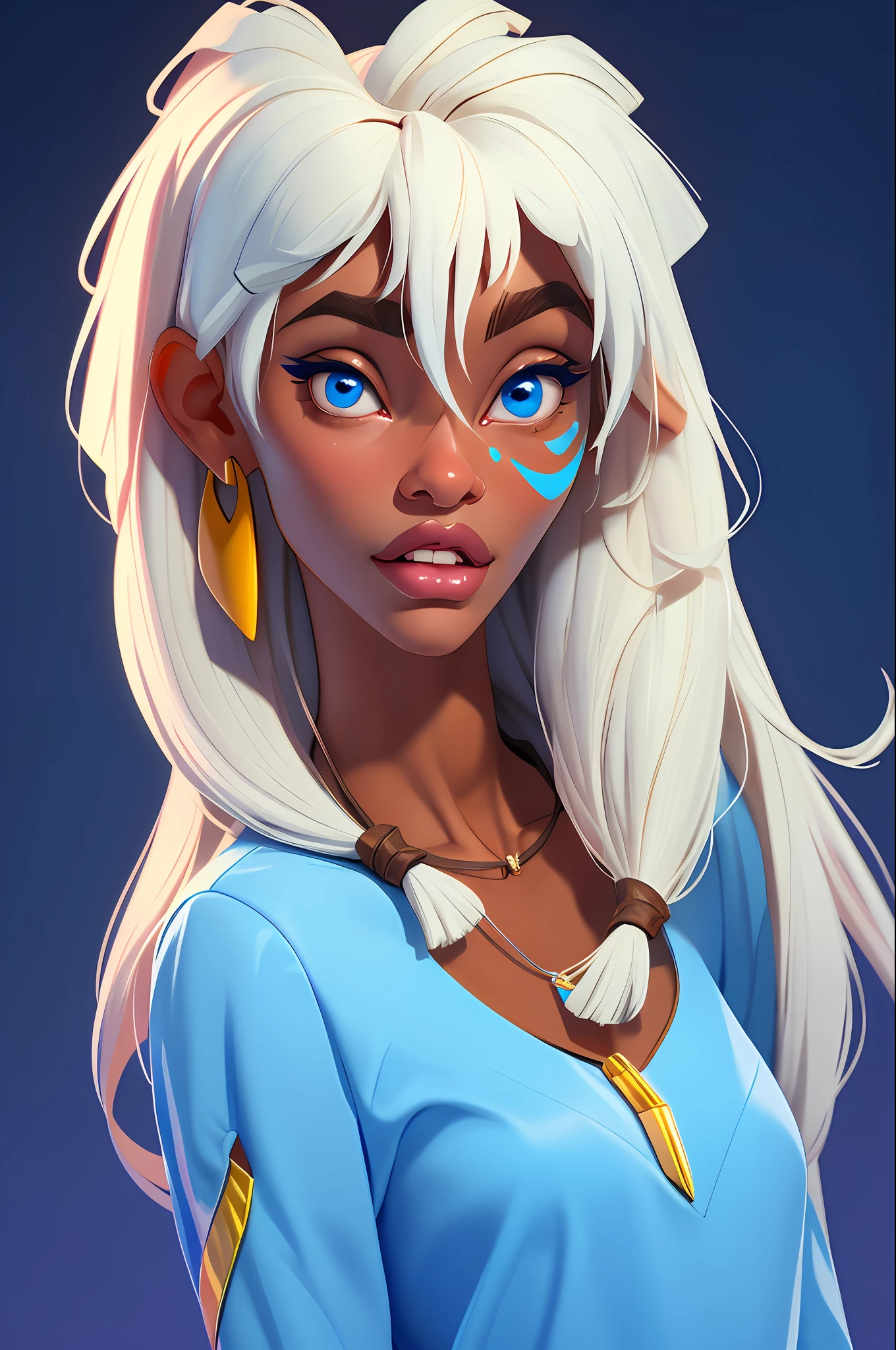 masterpiece, best quality, 1girl, kidagakash, solo, dark-skinned female, dark skin, long hair, white hair, blue eyes, necklace, facial mark, earrings