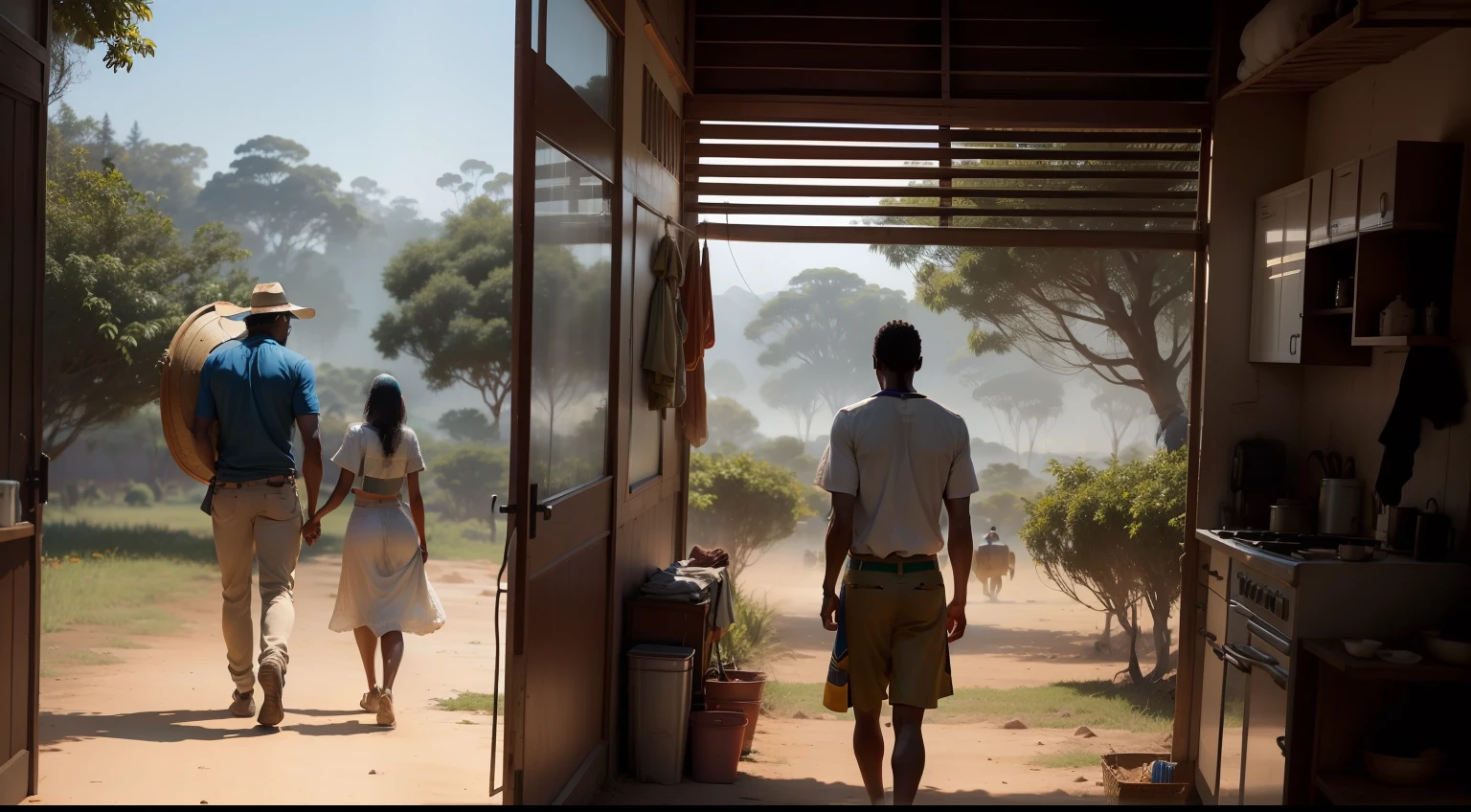 Homem e mulher africanos indo ao campo, usando ferramentas para o campo, View with your back to the camera, ultrarrealista , altamente detalhado, hyper realistic, Perfect artwork, master part, melhor qualidade, alto, layered lighting -- 4K