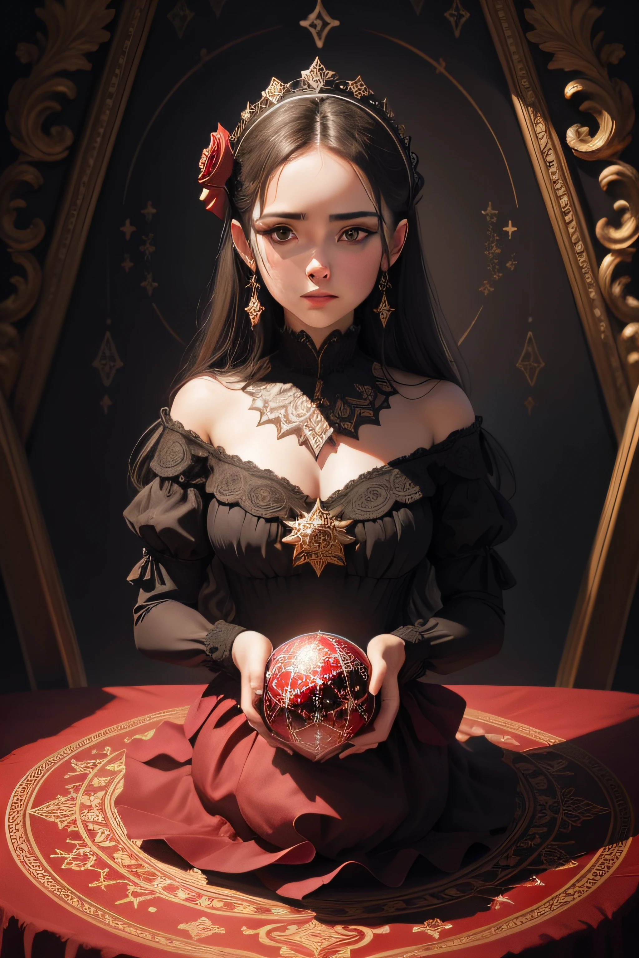 estrela de cinco pontas, magia, simetria, maths, renascentista, oil painting, 2d canvas, altamente detalhado, intricado, classic paint, red monochromatic, cristal, ornamentado, circles, Gothic ornament, graphic design