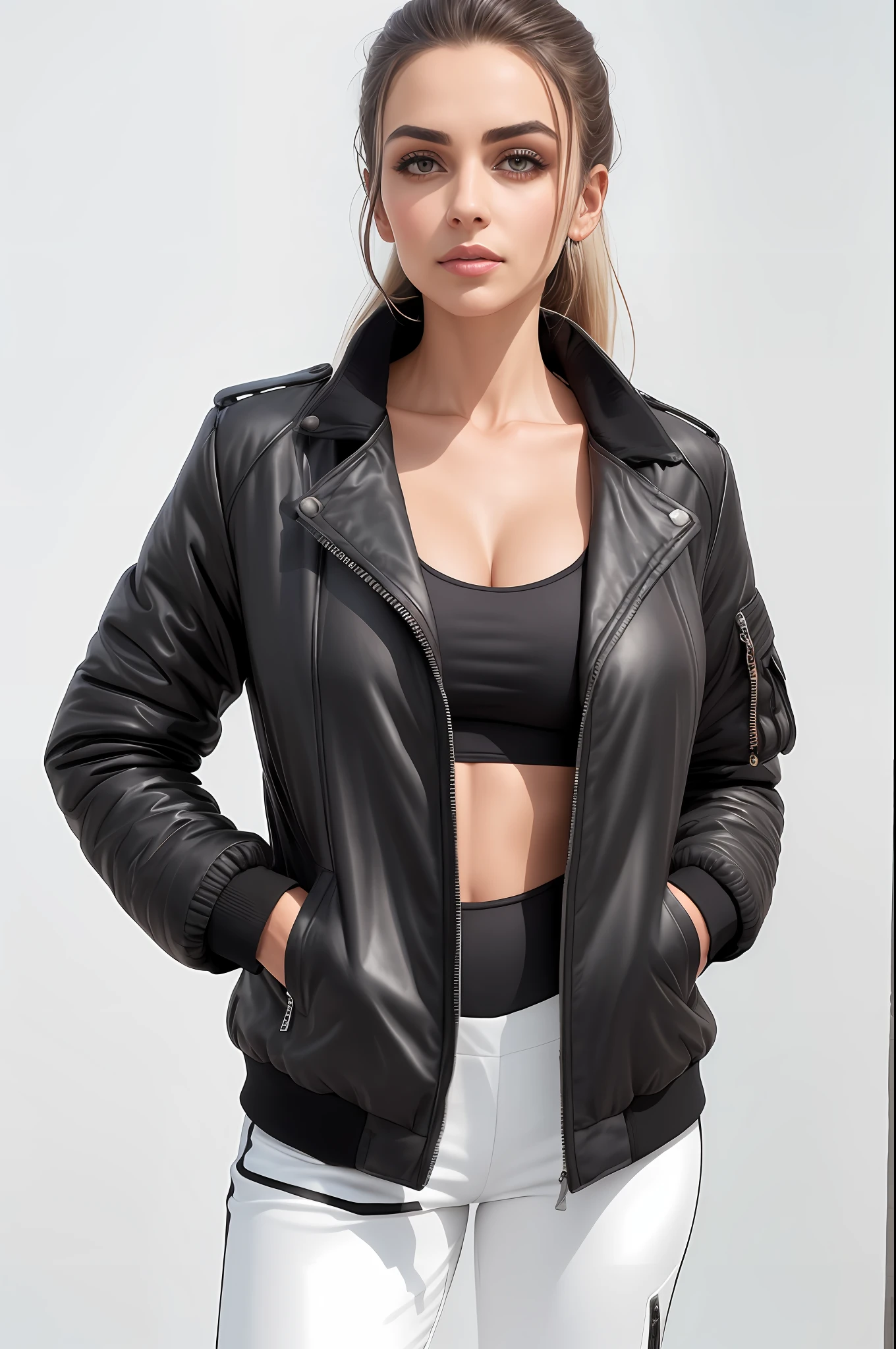 A beautiful woman in a black jacket and white pants posing for a photo, jaqueta bomber preta, Jaqueta bomber, jaqueta sobre tronco nu, Black jacket, roupas esportivas, roupas esportivas, jaqueta esportiva, vestindo uma jaqueta bomber, encapuzado, F / 2 2, F/22, jaqueta aberta, vestindo uma jaqueta preta extravagante, F / 2 0, F22