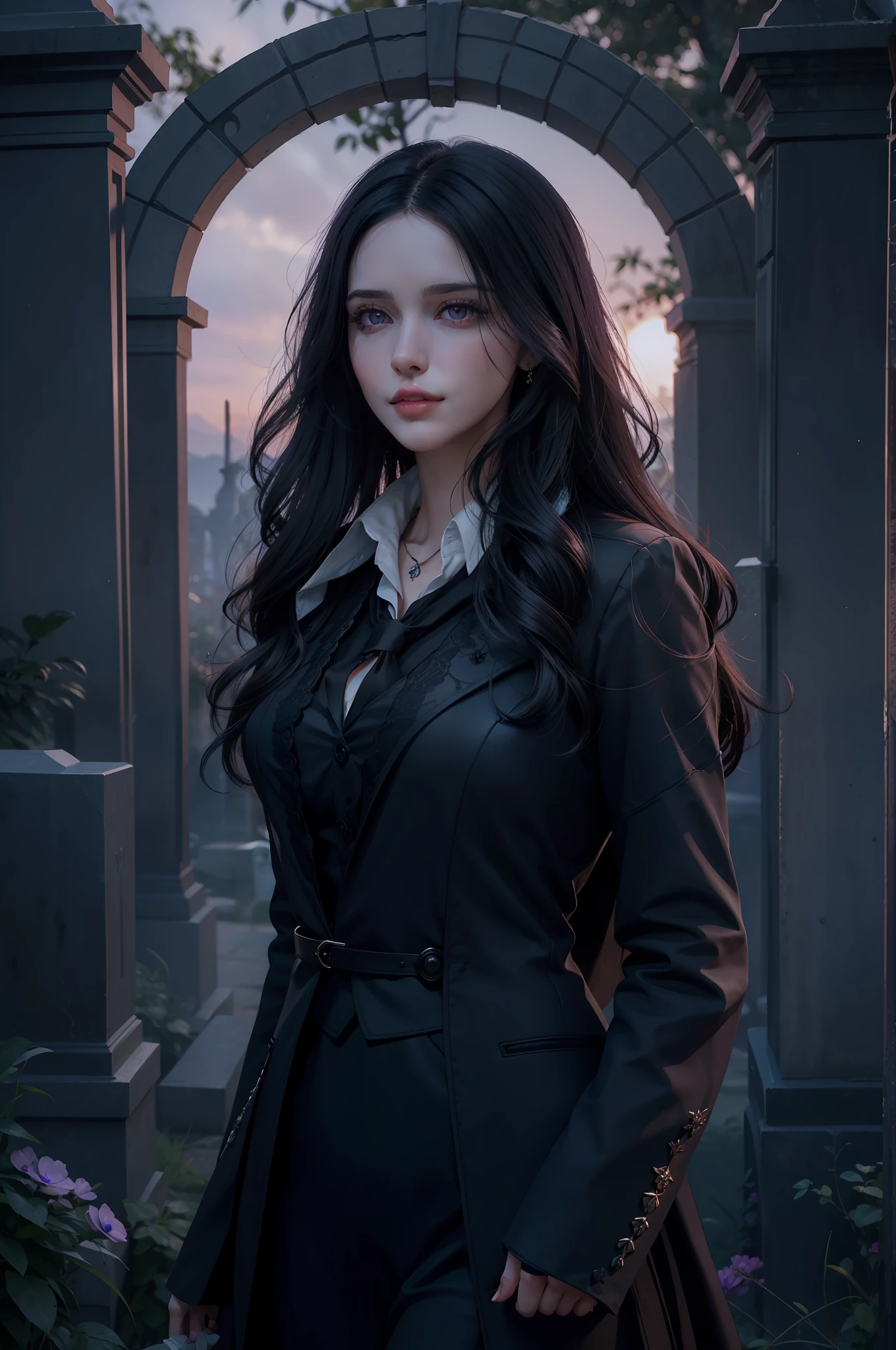 Beautiful woman reminiscent of Yennefer from The Witcher with long black hair and violet eyes bright as constellations, obra prima, ultra qualidade, 8k, cabelos caindo sobre seus ombros, in the background a cemetery, She's wearing a black suit and tie..