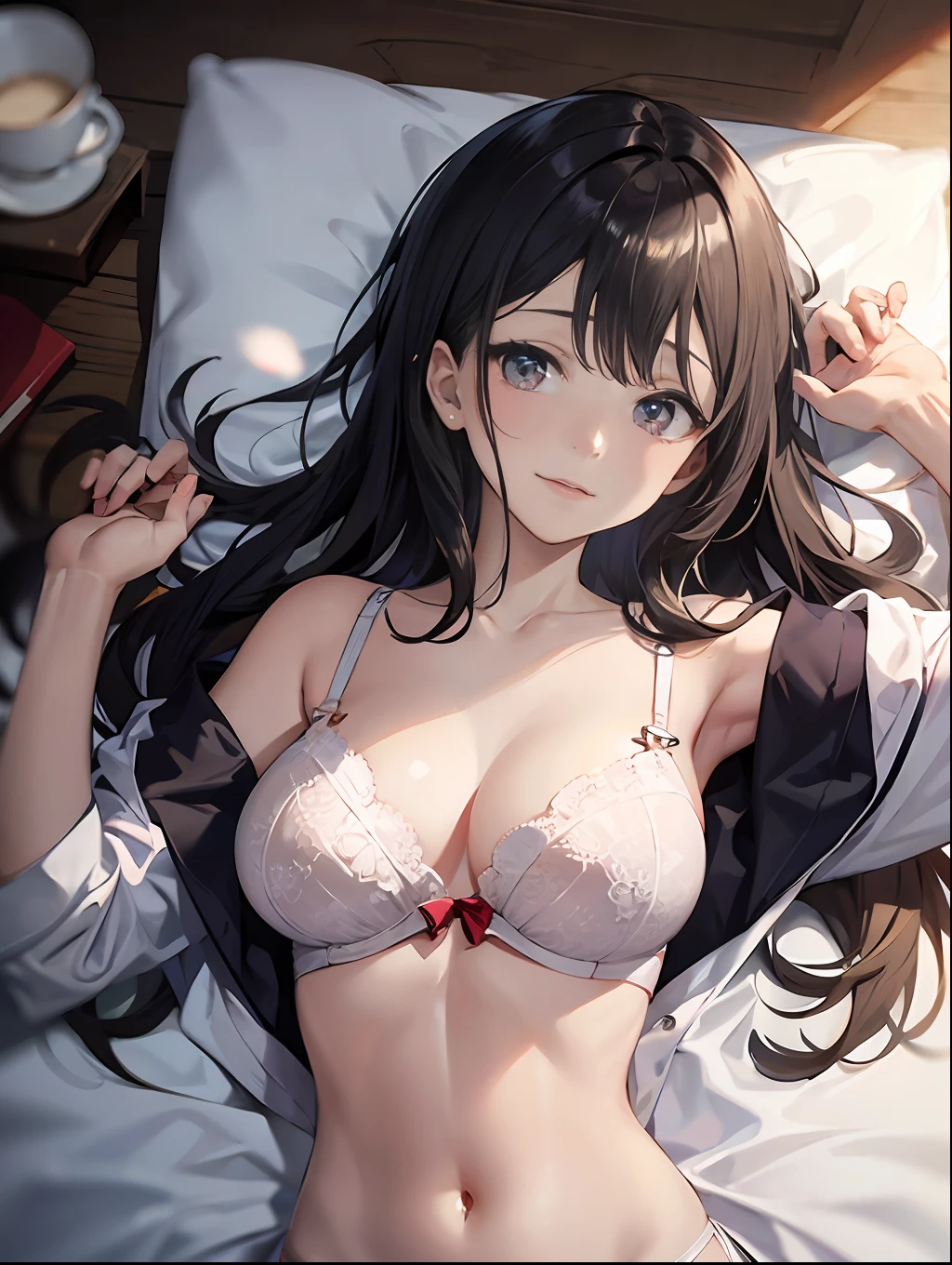 (8K、Raw photography、top-quality、​masterpiece:1.2), nffsw, 1girl in, 2D Anime, asian human, bangss, Bare_shoulders, the bow, bra very, breastsout, brown_Eyes, brown_hair, cleavage of the breast, s lips, long_hair, long_sleeves, up looking_で_viewer, Medium_breasts, a navel, nase, Off_Shoulder, Open_Clothes, Open_Shirt, panties on, realisitic, The shirt, 独奏, Stomach, undergarment, unwear, The upper part of the body_Body, white_Panties, Japan school uniform, shinny skin, Beautiful delicate face、Beautiful delicate eyes、(realisitic、Photo Real:1)、Hands touching bras、Stay away from the subject３m leave