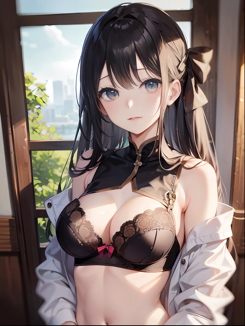 (8K、Raw photography、top-quality、masterpiece:1.2), nffsw, 1girl in, 2D Anime, asian human, bangss, Bare_shoulders, the bow, bra very, breastsout, brown_Eyes, brown_hair, cleavage of the breast, s lips, long_hair, long_sleeves, up looking_で_viewer, Medium_breasts, a navel, nase, Off_Shoulder, Open_Clothes, Open_Shirt, panties on, realisitic, The shirt, 独奏, Stomach, undergarment, unwear, The upper part of the body_Body, white_Panties, Japan school uniform, shinny skin, Beautiful delicate face、Beautiful delicate eyes、(realisitic、Photo Real:1)、Hands touching bras、Stay away from the subject3m leave