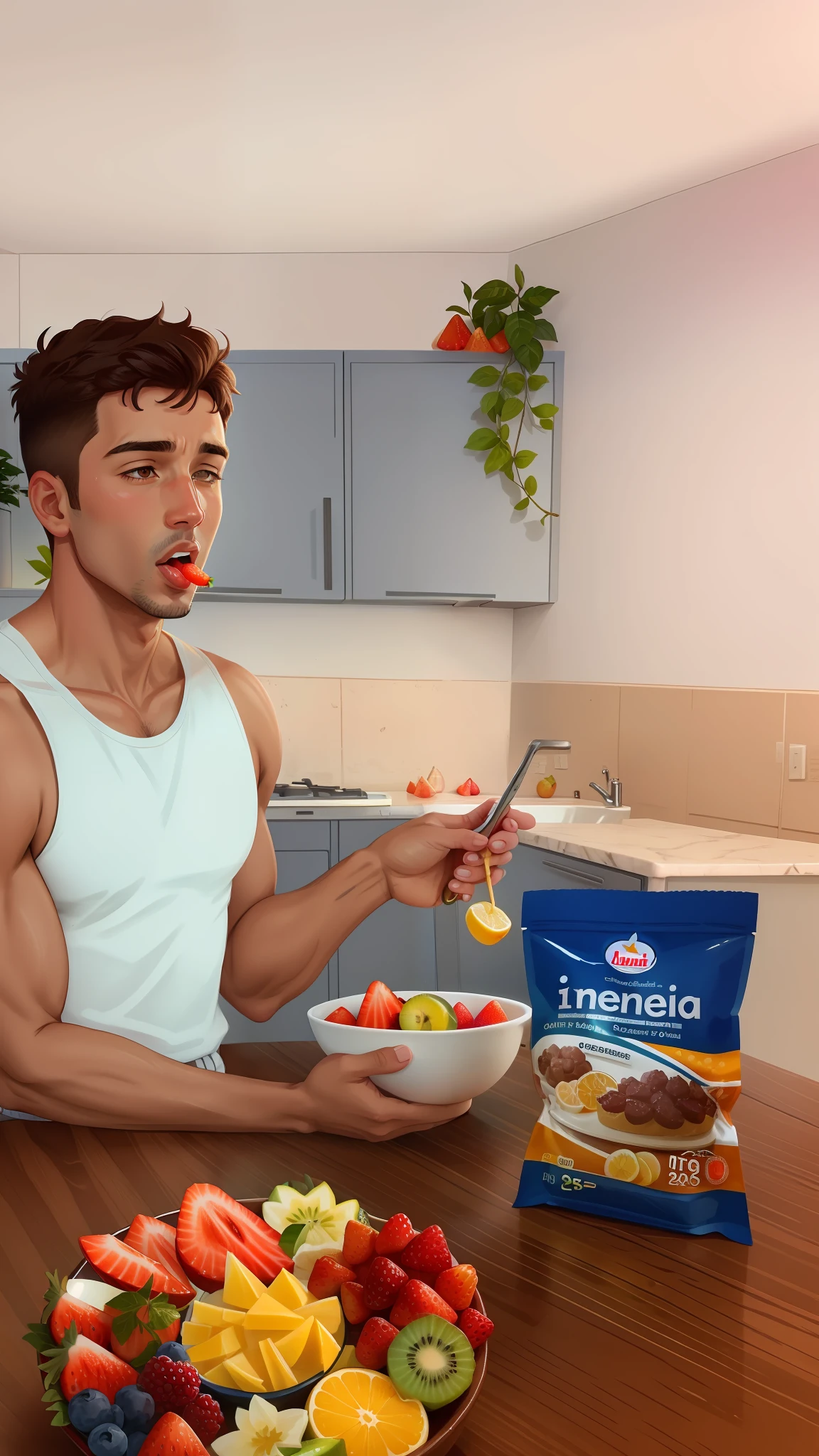 um homem comendo uma tigela de cereais e frutas
