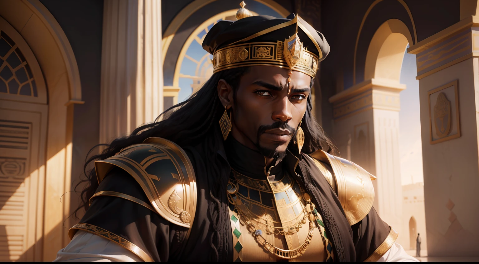 Black King Man in front of his palace, Mansa Musa, ultrarrealista | |, altamente detalhado, hyper realistic, Perfect artwork, master part, melhor qualidade, alto, layered lighting -- 4K