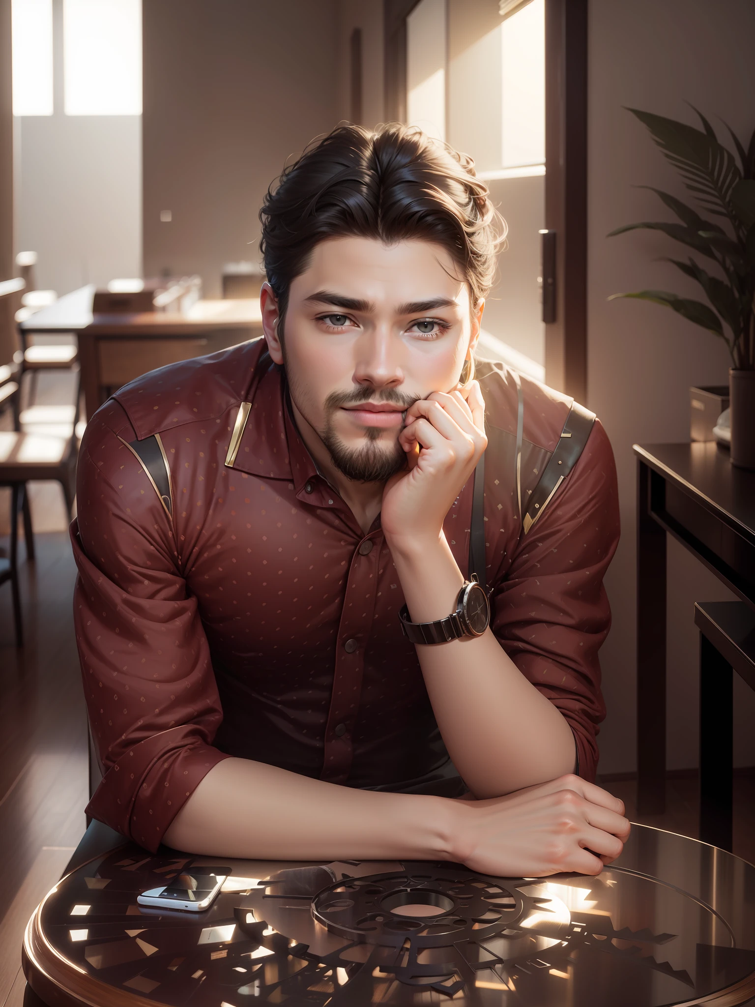 Change background into a modern duplex house with a beautiful interior decorations , daylight mode, morning time, don't change the face, add long hair falling from both side, put iphone 14 pro max, apple mackbook on the table, a great stylish outfit