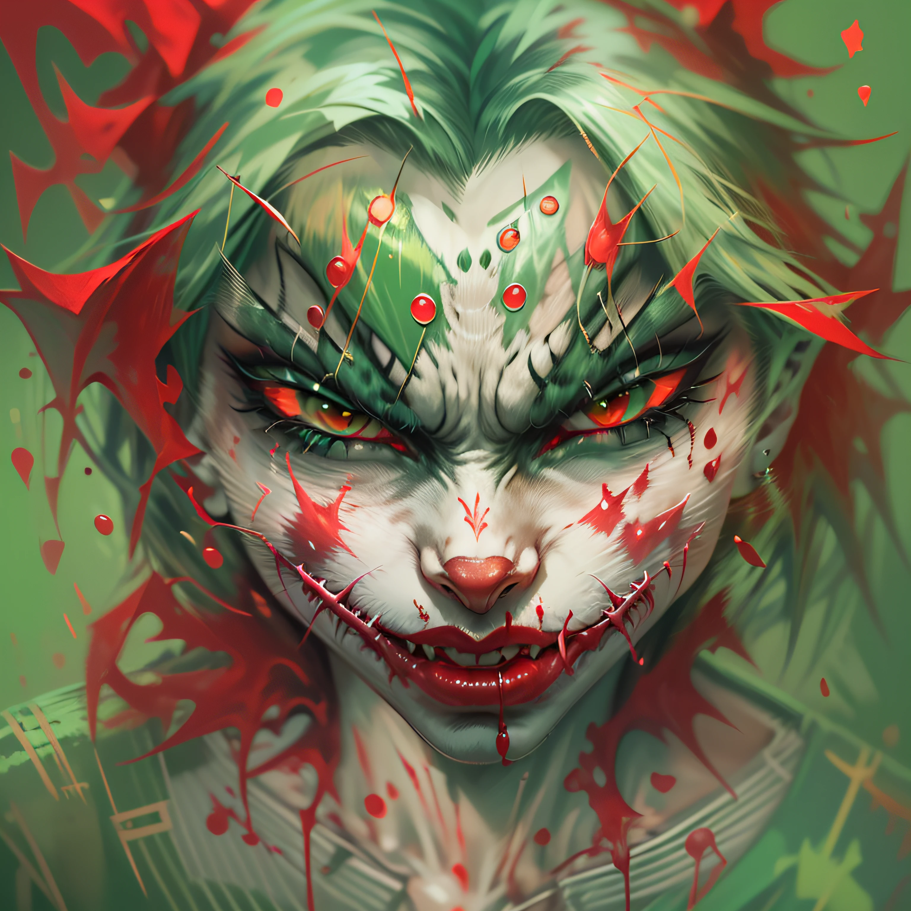 joker in the style of a Cat, (((green hair))) (((red lips))) ((evil expression))