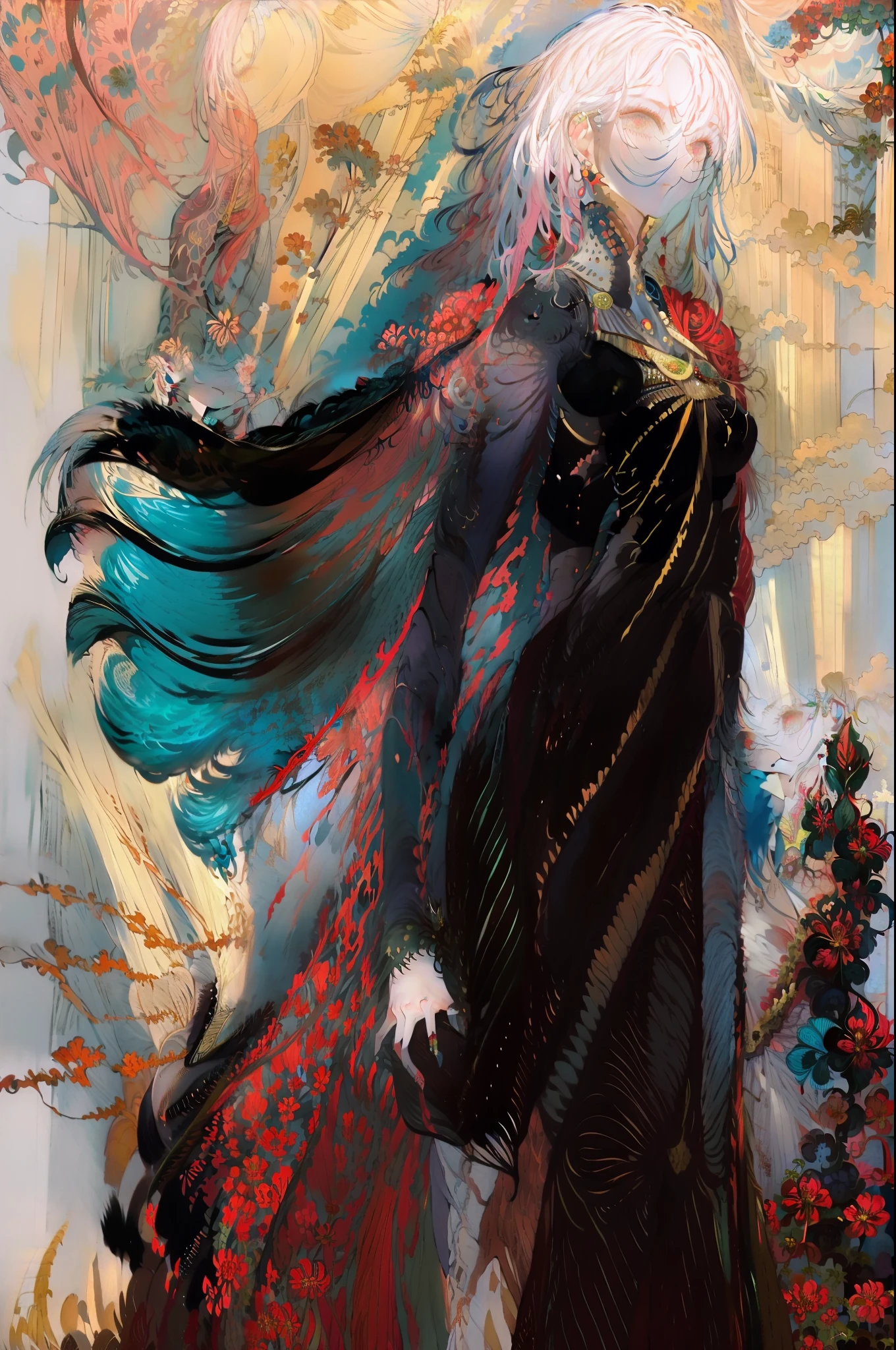 The most beautiful rose bush imaginable and an incredibly elegant young woman, superbly hairstyled, Espectacularmente maquillada y con un vestido deslumbrantemente en colores dorados, negros y grises fabuloso. In a dream garden on a magical night. (obra maestra) (mejor calidad)