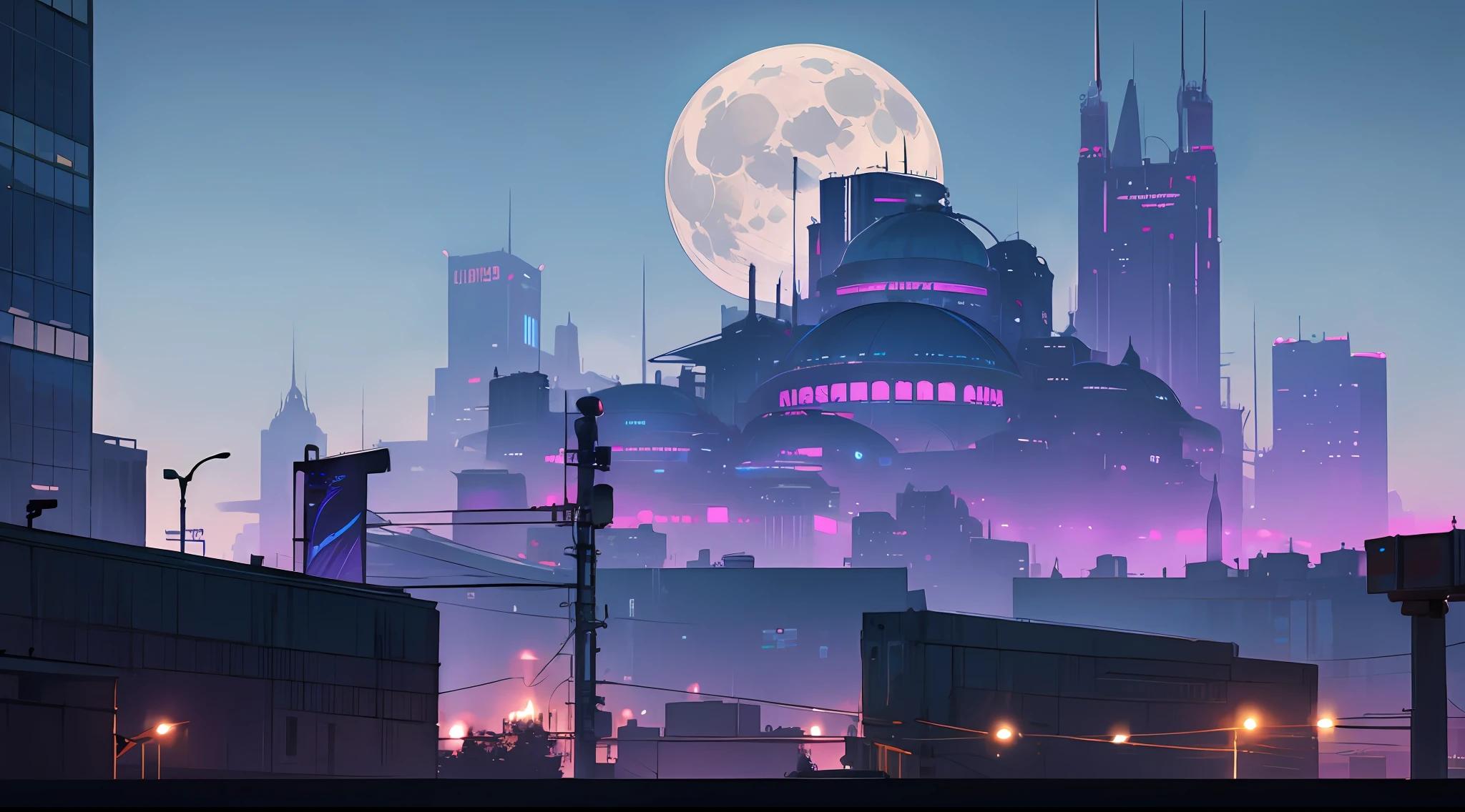 ciberpunk, City, city   of the future, Futurism, blue and purple shades, Lovely, Detailed buildings, Very tall and majestic, night time, beautiody, beautiody, billboards, a big moon