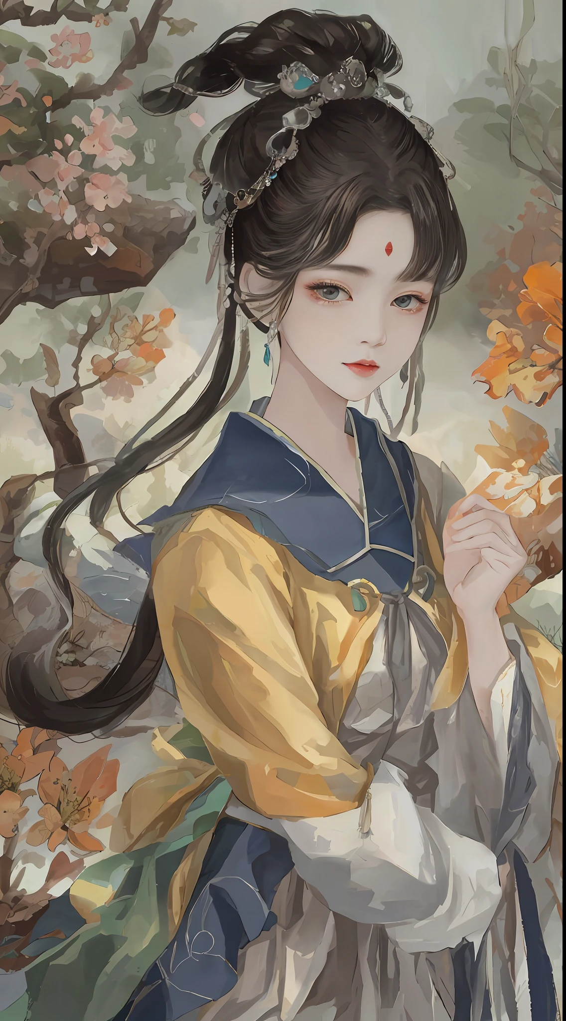 An ancient Chinese beauty standing by the river，中景 the scene is，（full bodyesbian），Wear Chinese costume clothes，Flowing tulle silk，（Detailed perfect facial details），pavilion，the trees，flying birds，The vista is mountains，Ink painting style，Clean colors，Decisive cut，Leave white space，impressionistic，tmasterpiece，（8k wallpaper），（Extremely detailed and perfect detail painting），Epic composition，high high quality，HighestQuali，Inspired by：《Suzhou Garden》，RAY rendition