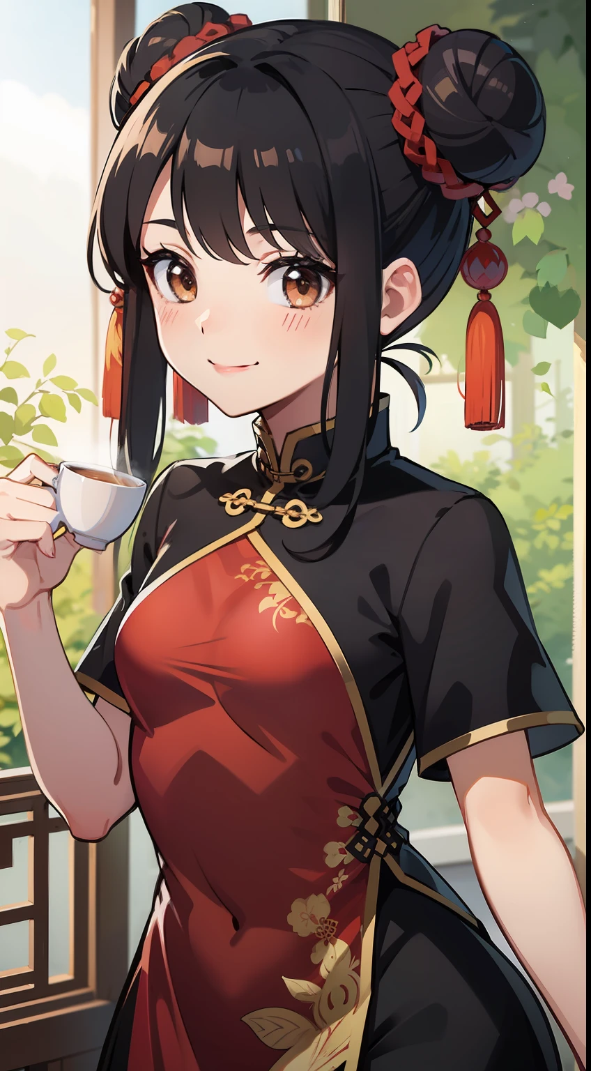  girl, black hair in two buns, Brown eyes, Chinese dress, tea, symbiote, Smile, Masterpiece, hiquality