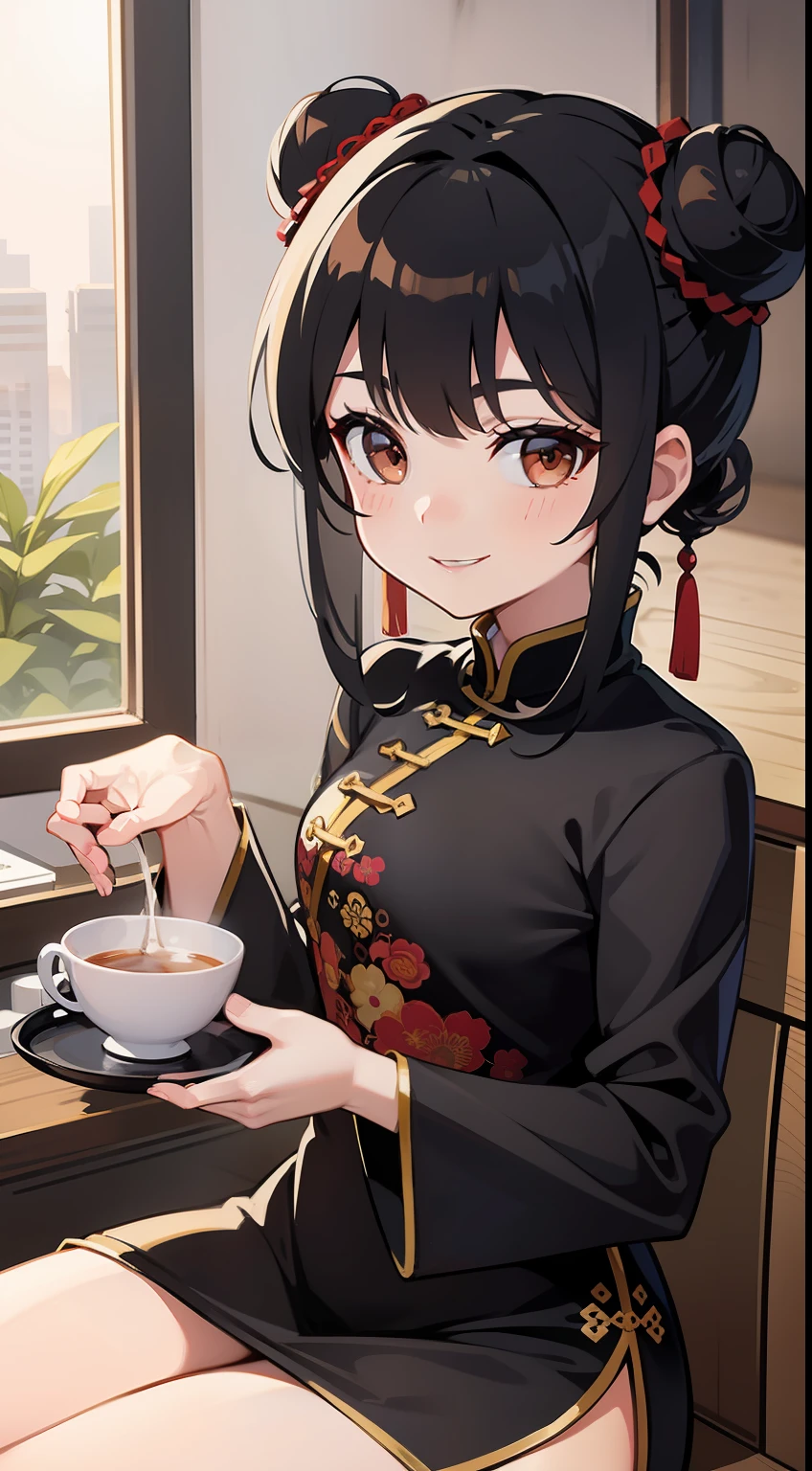 small girl, black hair in two buns, Brown eyes, Chinese dress, tea, symbiote, Smile, Masterpiece, hiquality
