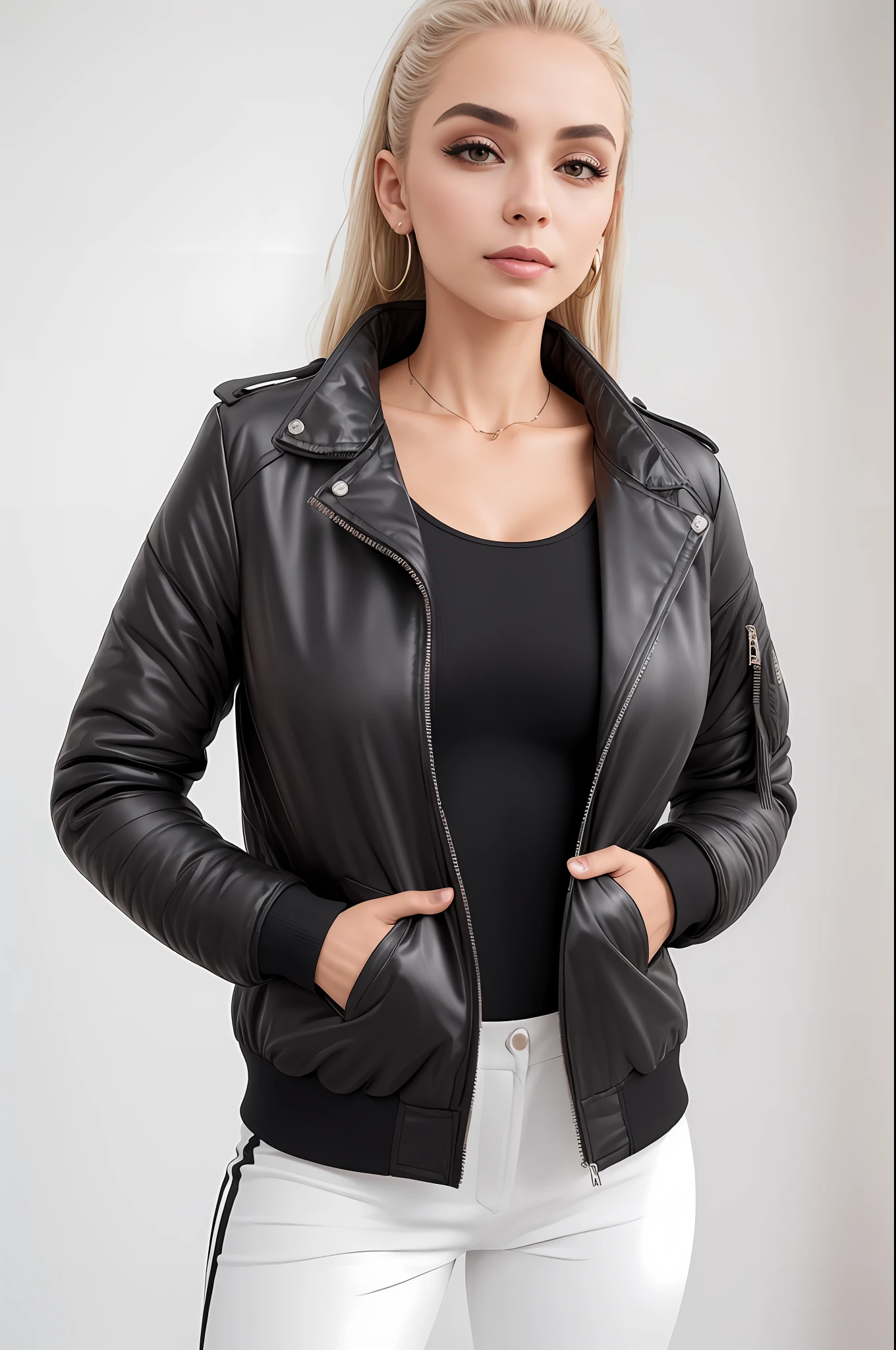 A beautiful woman in a black jacket and white pants posing for a photo, jaqueta bomber preta, Jaqueta bomber, jaqueta sobre tronco nu, Black jacket, roupas esportivas, roupas esportivas, jaqueta esportiva, vestindo uma jaqueta bomber, encapuzado, F / 2 2, F/22, jaqueta aberta, vestindo uma jaqueta preta extravagante, F / 2 0, F22